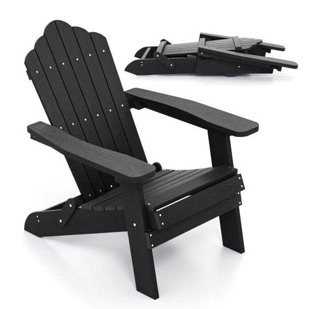 Kokoontaitettava Adirondack-tuoli leveillä käsinojilla ja kaltevalla selkänojalla - musta