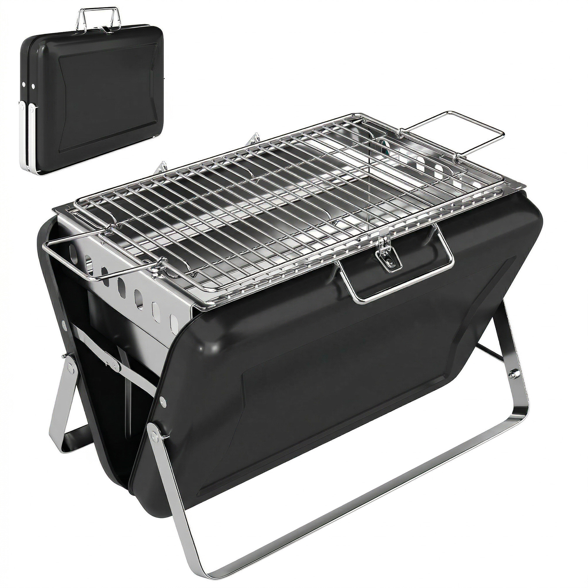 Ruostumattomasta teräksestä valmistettu hiiligrilli BBQ-savustin, jossa ritilä, kahva ja taittuvat jalat grillaukseen ja retkeilyyn, 40x28x25,5cm, musta