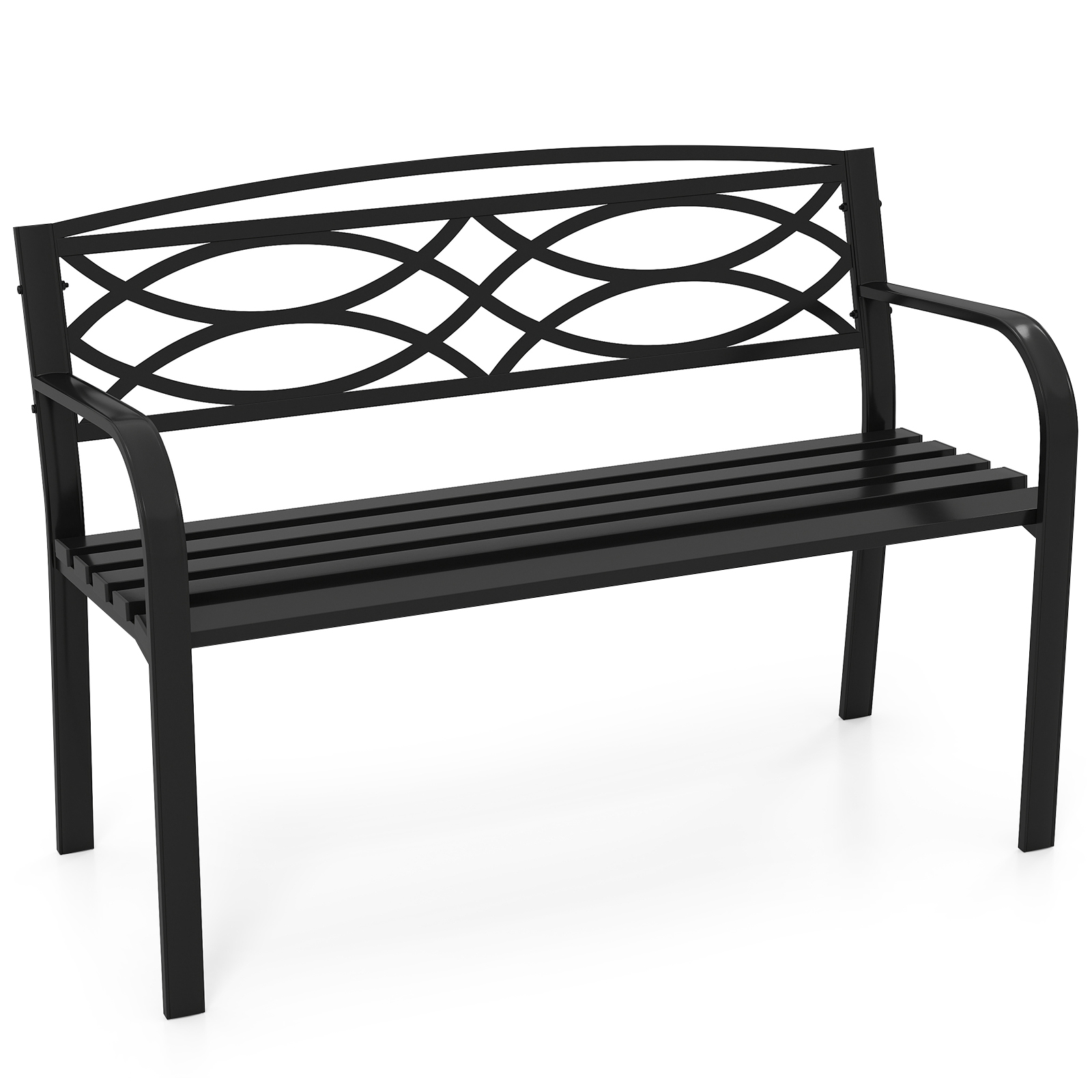 Mugava seljatoe ja käetugedega kaheistmeline ilmastikukindel metallist aiapink ning tugev pargipink (116 x 49 x 83 cm), must