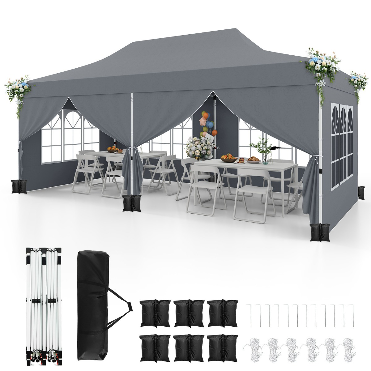 Pop-up katos 6 sivuseinällä ja lukittavalla sisäänkäynnillä, kannettava juhla- ja piknik-katos 3 x 6 m harmaa