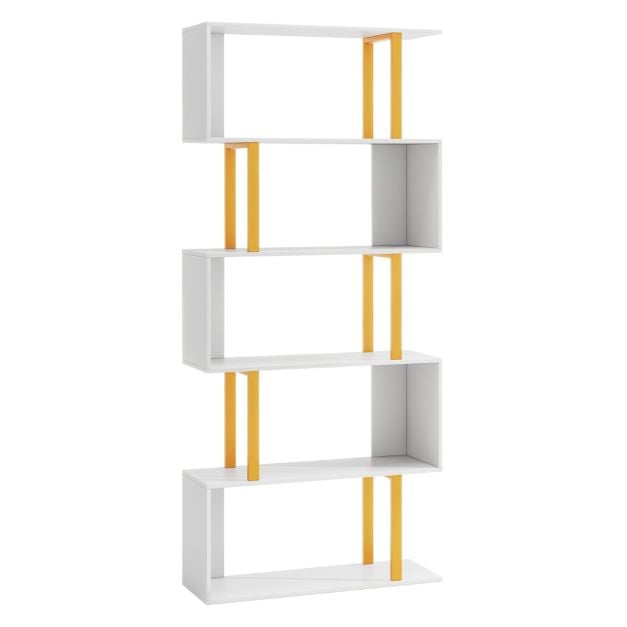 5-/6-kerroksinen geometrinen kirjahylly metallirungolla ja kaatumisenestosarjoilla - 5-kerroksinen
