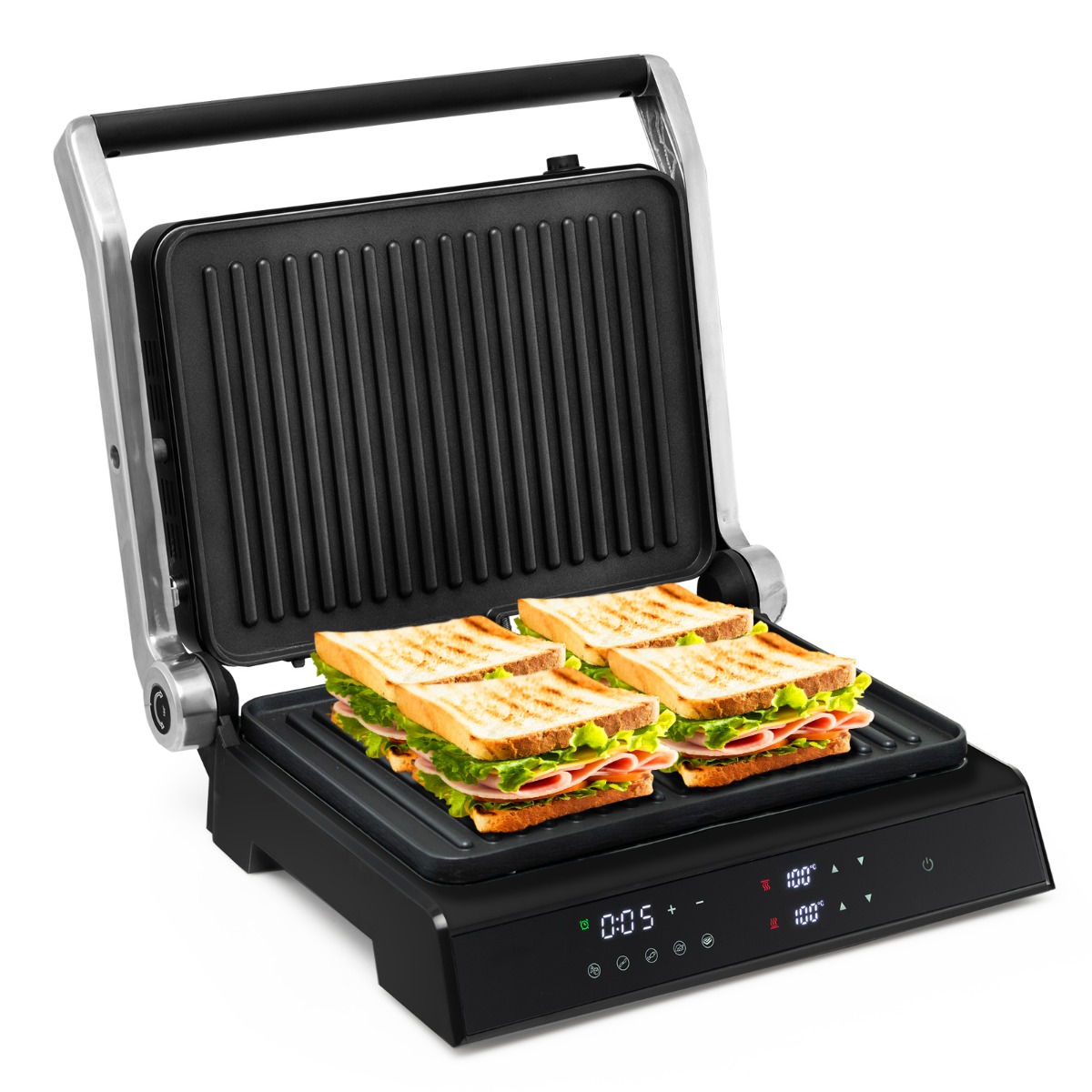 Kolm-ühes elektrooniline Panini ja röstsaia press-grill (1800 W, mittenakkuva kattega), must