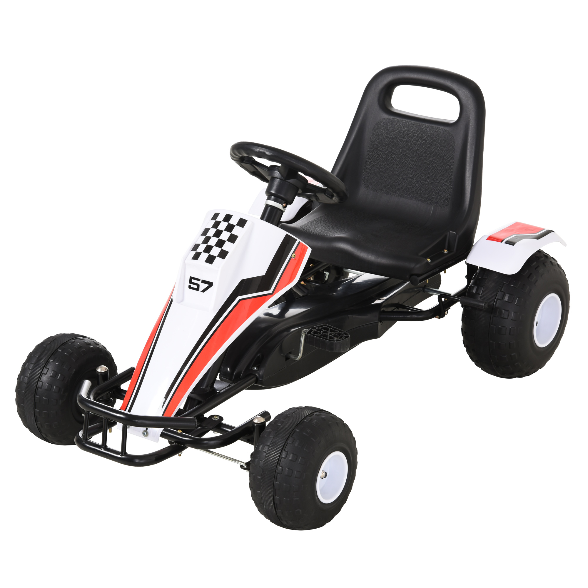 Karting-auto, polkuauto säädettävällä istuimella, jarruilla, poljinvedolla, polkuajoneuvo eteen- ja taaksepäin vaihteilla, lasten ajoneuvo, jonka painokapasiteetti on enintään 35 kg, 3-6-vuotiaille lapsille, valkoinen