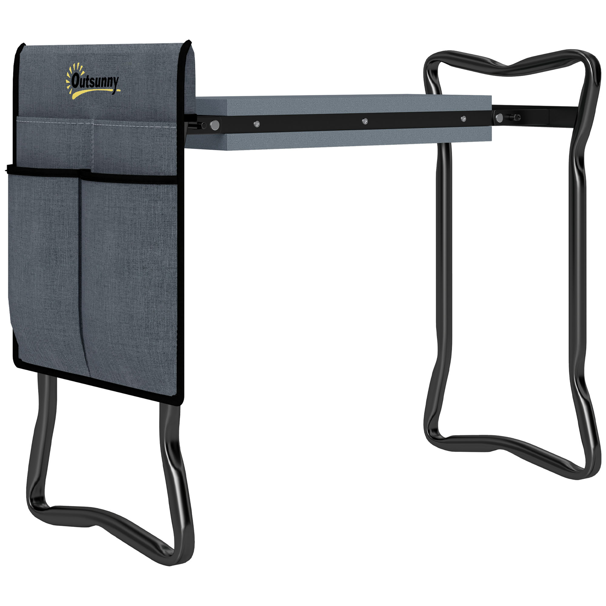 Kokoontaitettava polvistuva penkki puutarhanhoitoon, puutarhajakkara polvisuojilla ja työkalutaskuilla, tukee jopa 150 kg, 58 x 28 x 49 cm, harmaa