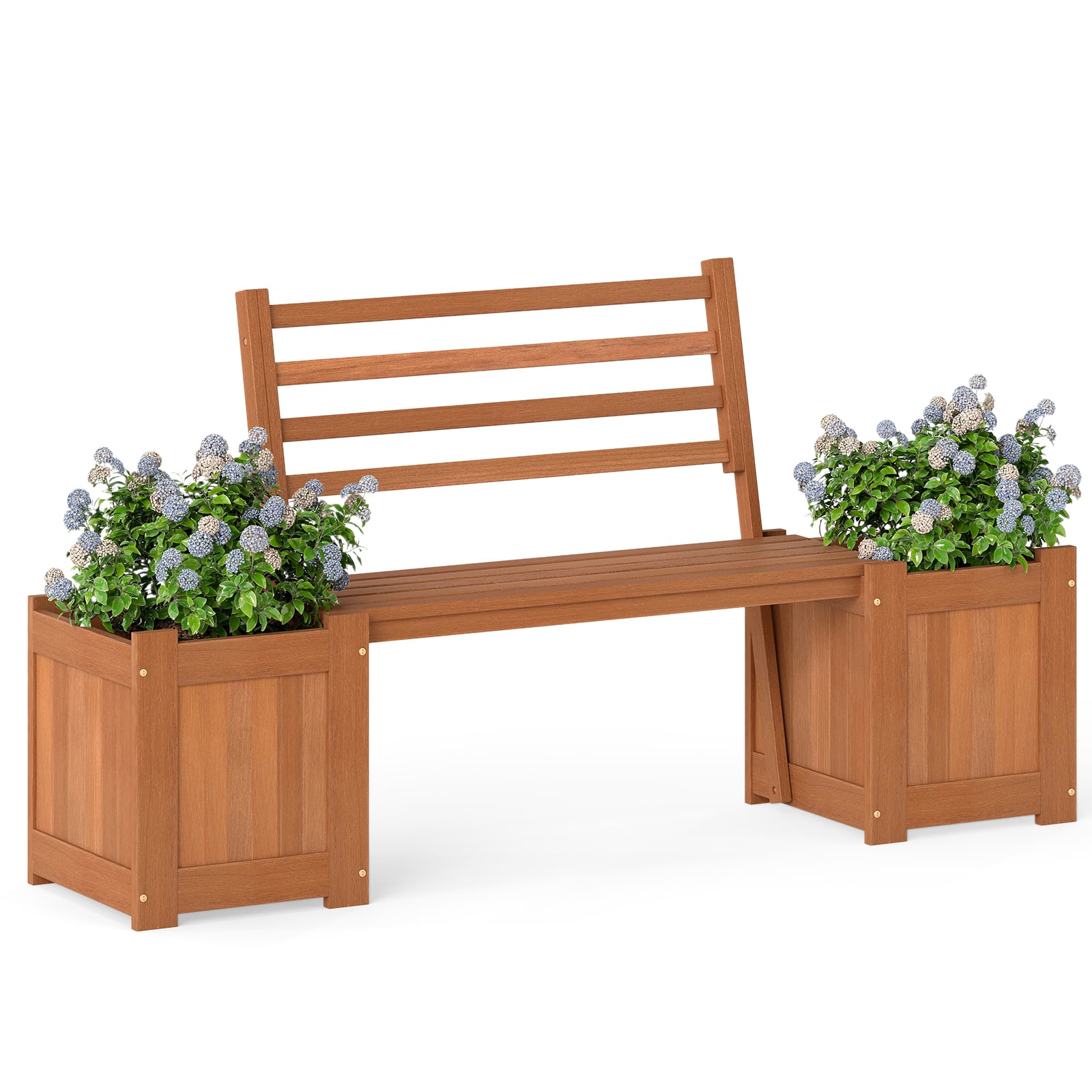 Puinen istutuslaatikko penkillä ja selkänojalla puutarhaan, pihalle ja parvekkeelle