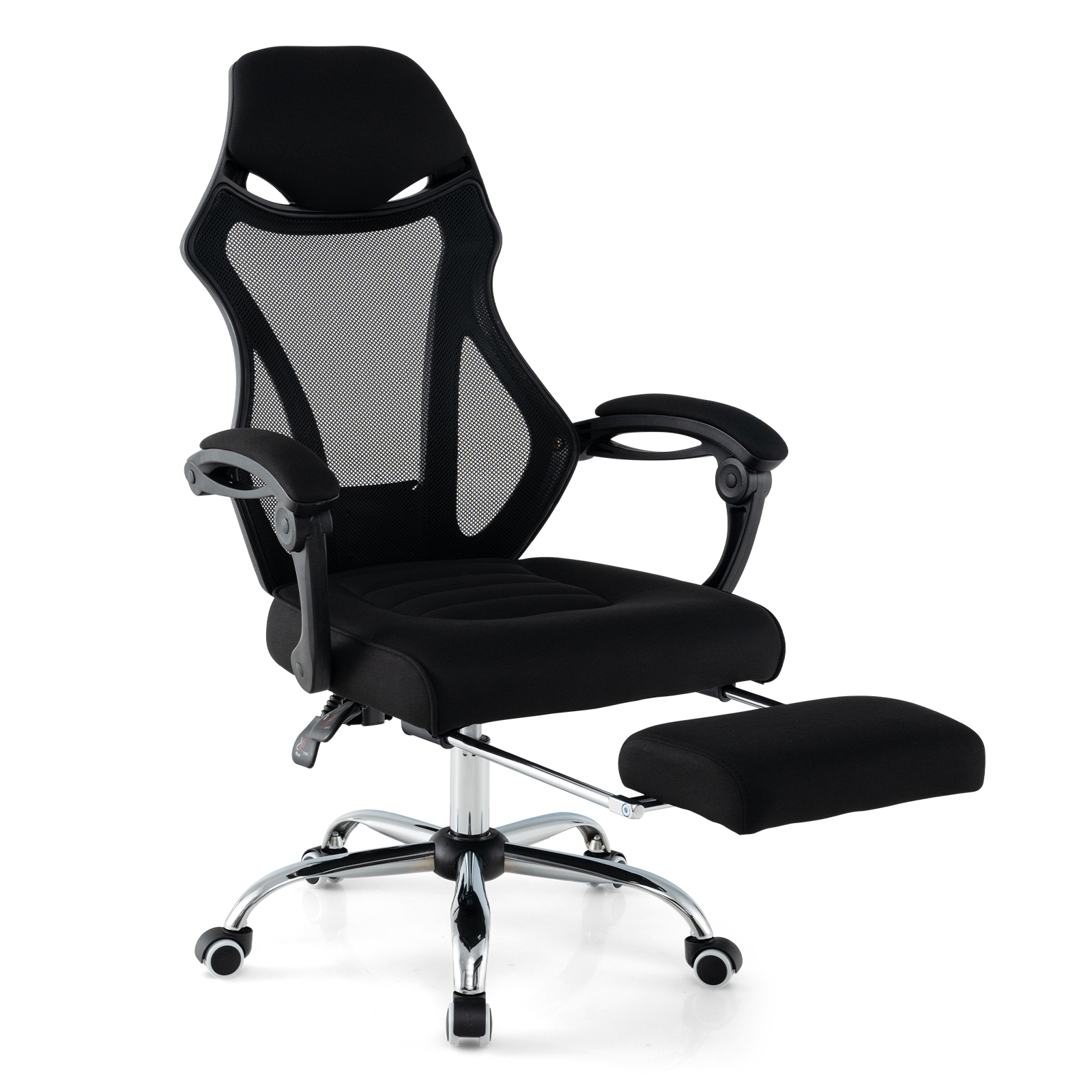 Ergonominen verkkotuoli jalkatuella ja kallistuvalla selkänojalla - musta