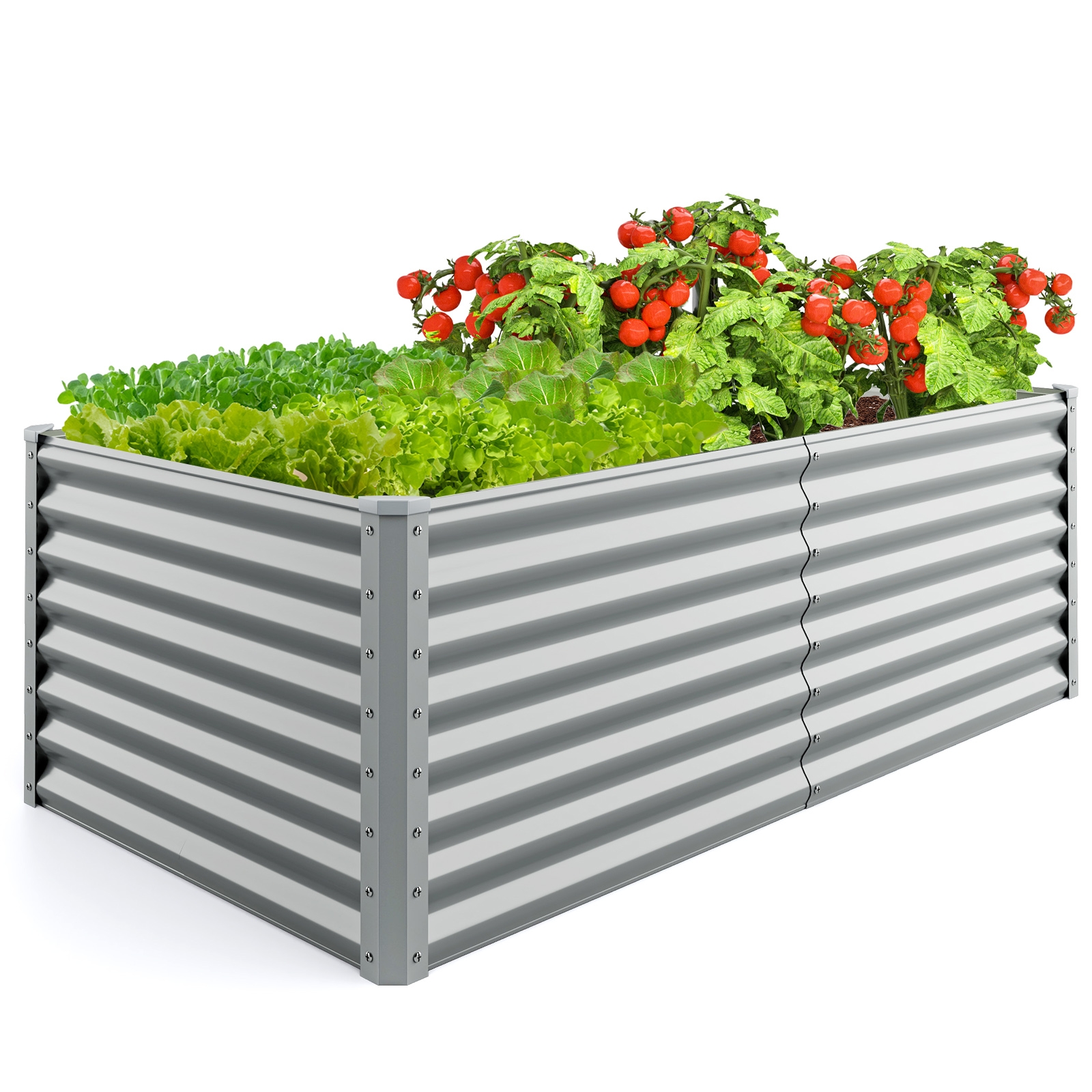 Avatud põhjaga ristkülikukujuline metallist kõrgpeenar ja tugev aiakast taimedele (mõõdud u 180 x 90 x 60 cm), hall