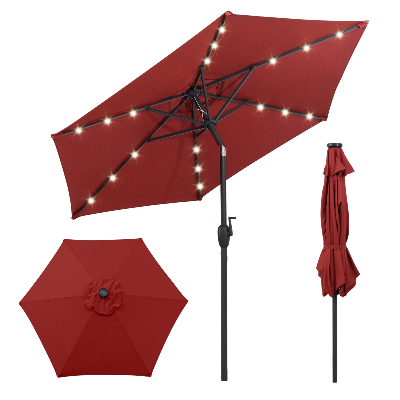 Päikesepatareiga LED-valgustuse ja vändaga aiapäikesevari ning terrassivari (diameeter u 230 cm), kirsipunane