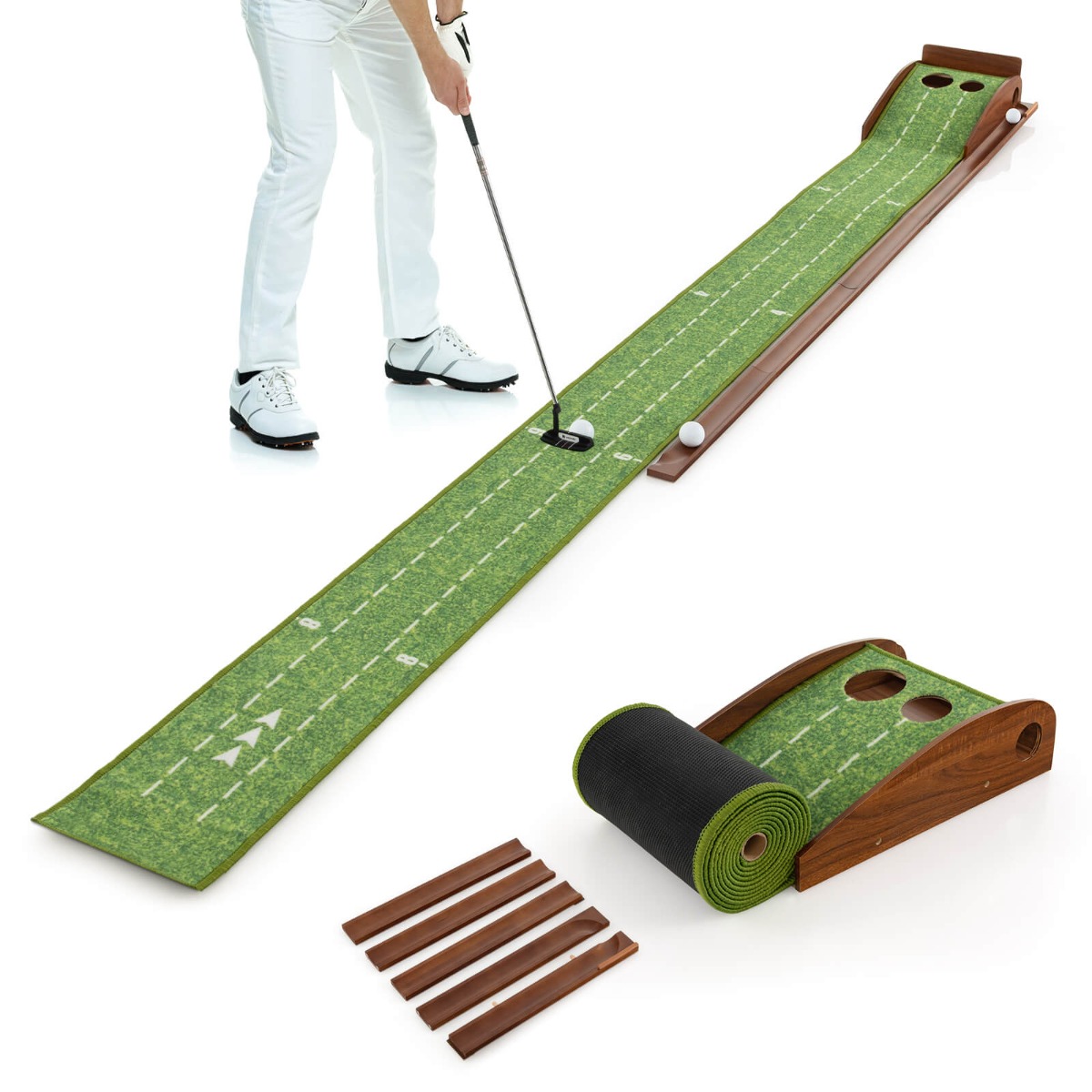 Golfin puttausmatto, jossa automaattinen pallonpalautus ja kaksi reikäkokoa