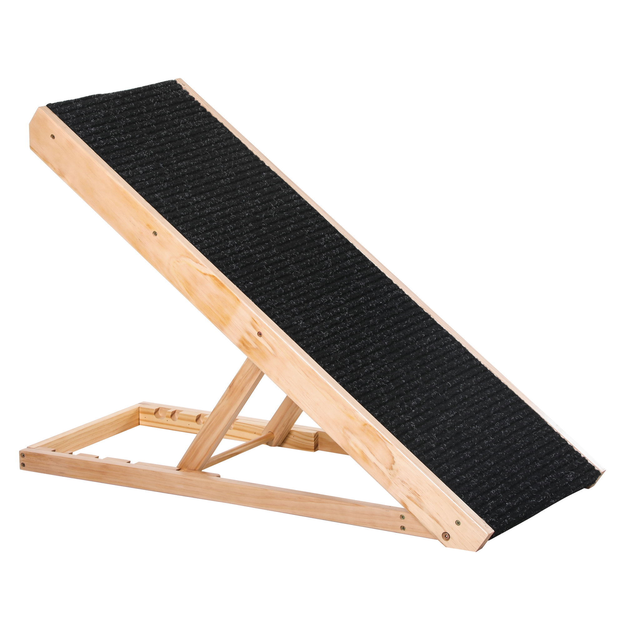 Lemmikkiramppi liukumattomalla matolla, säädettävät lemmikkitikkaat, koiraramppi suurille koirille, mäntypuuta, polyesteriä, musta + luonnonpuuta, 90 x 40 x 61 cm