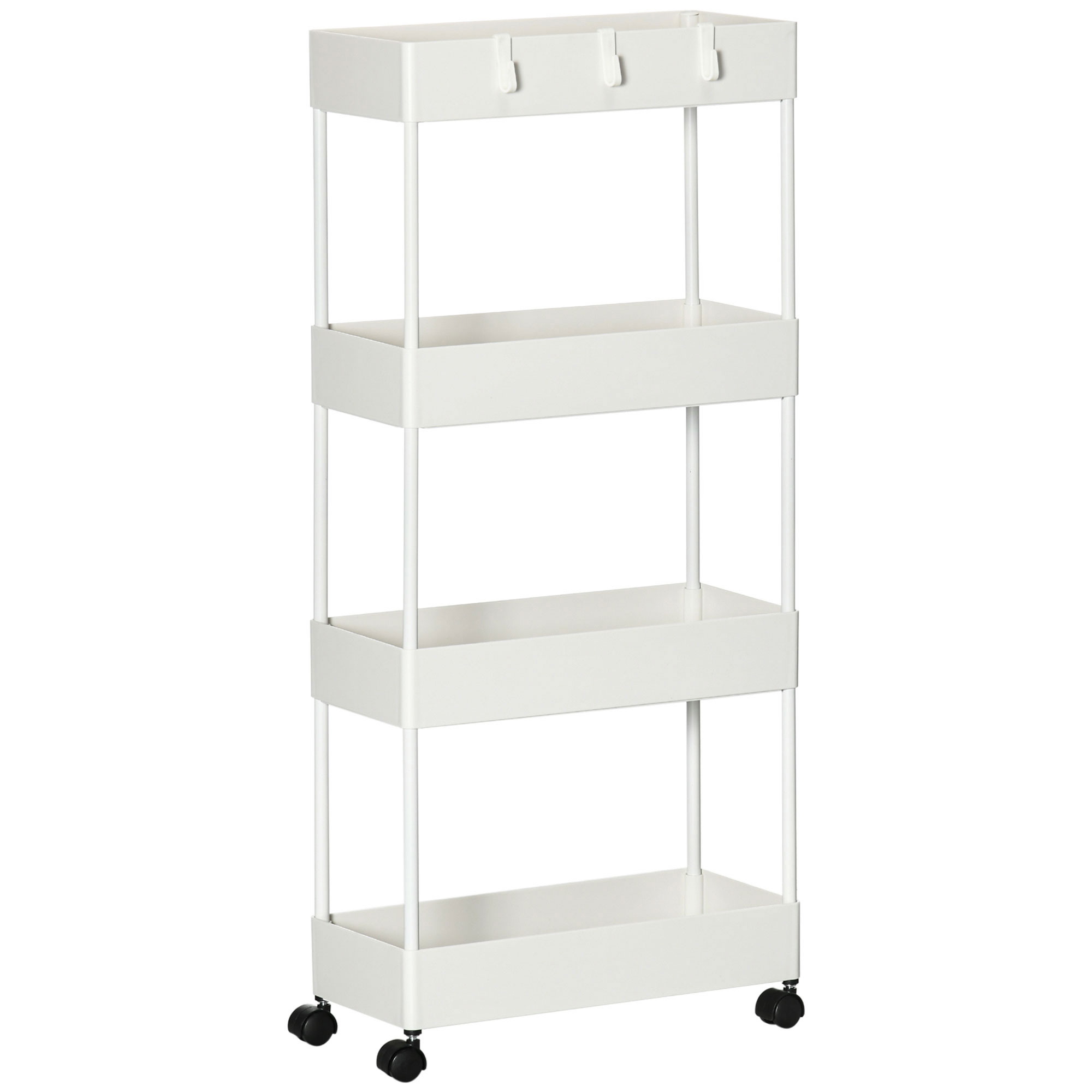 Köögikäru 4 riiuliga 4 painduva konksu ja 4 rattaga 40 cm x 19 cm x 90 cm nišikäru valge