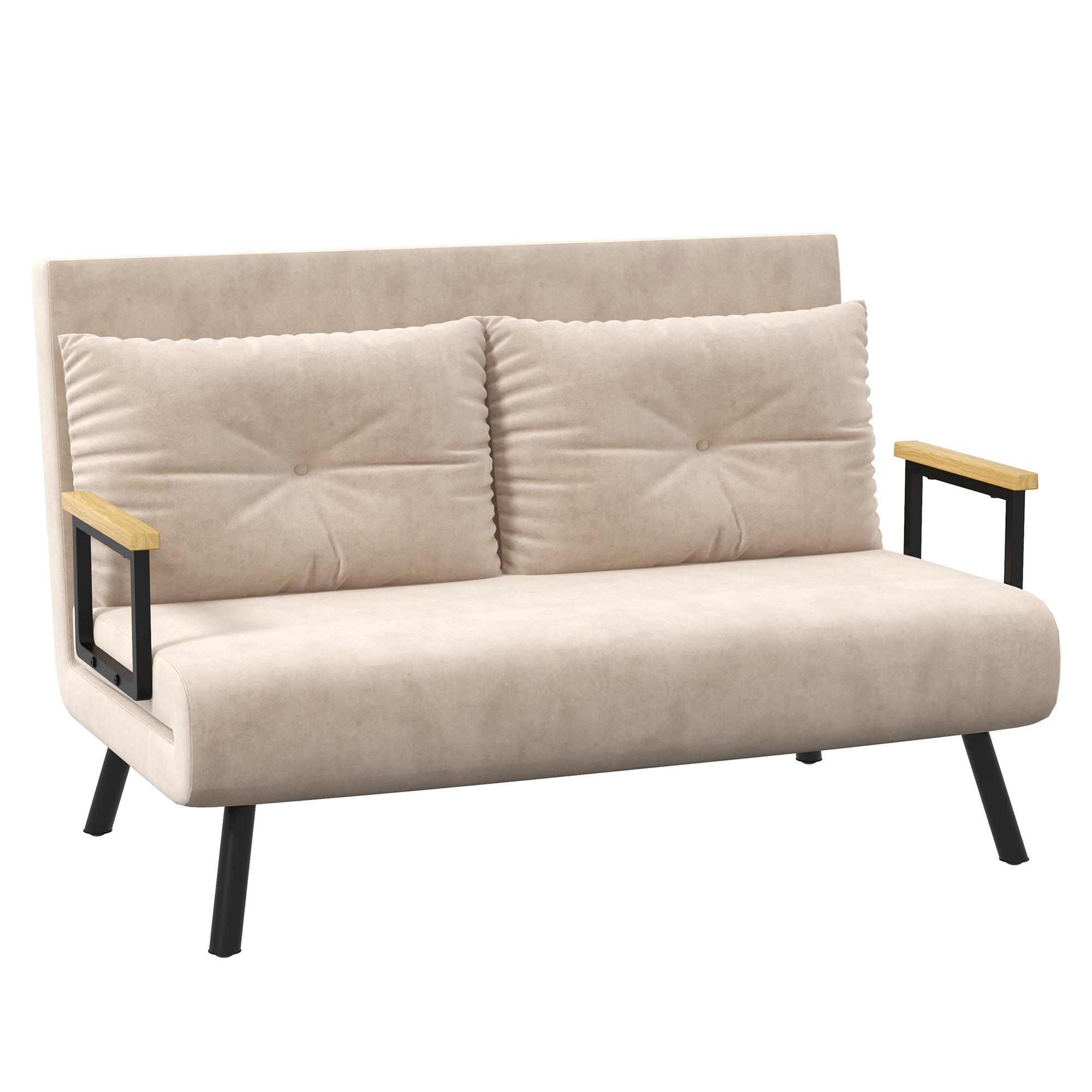 Vuodesohva 2-istuttava sohva samettisohva, nukkumistoiminto, sis. 2 tyynyä, samettijäljitelmä, luonnollinen + beige + musta