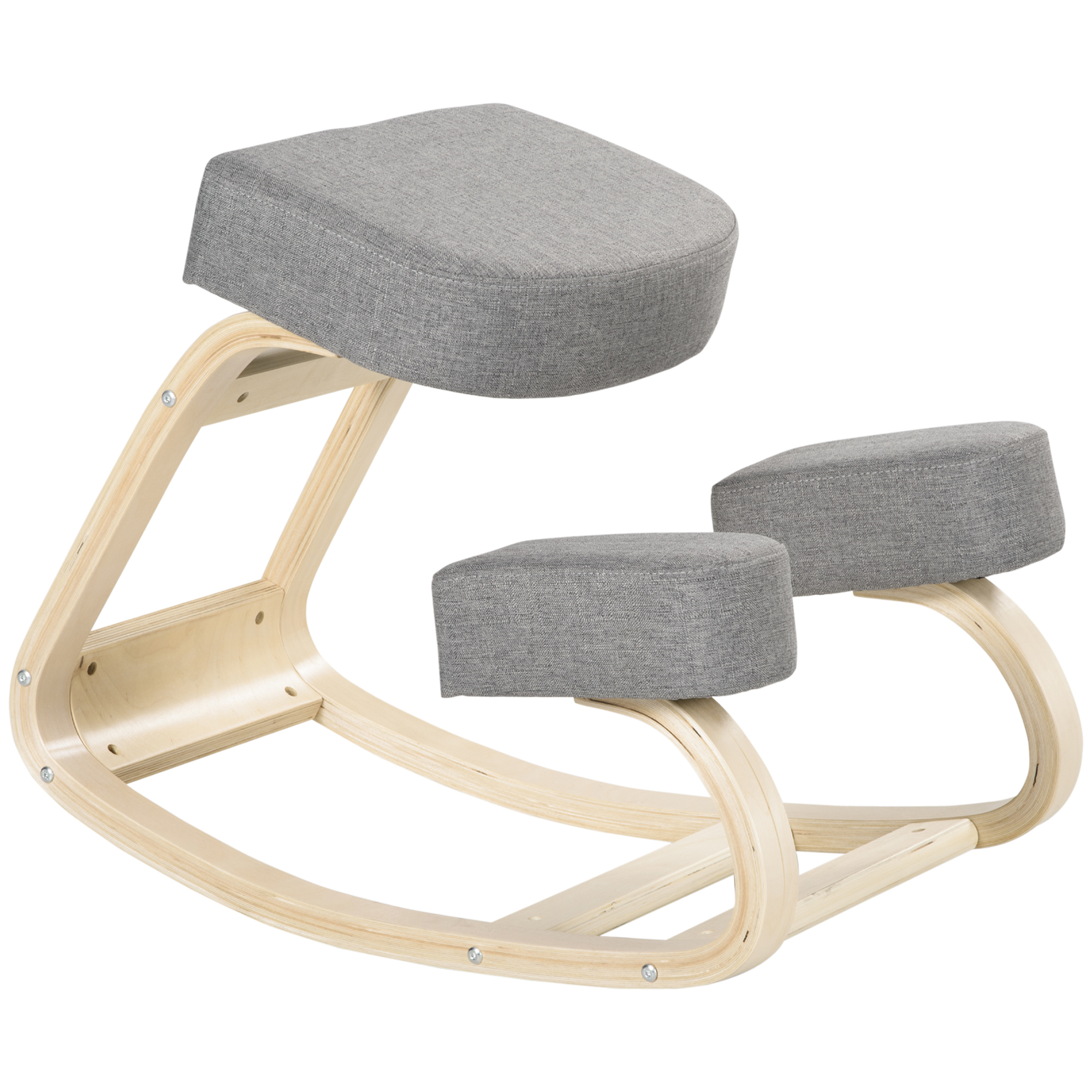 Polvistuin, ergonominen jakkara, verhoiltu jakkara terveelliseen ryhtiin, koivua, 120 kg:n kantavuus, harmaa