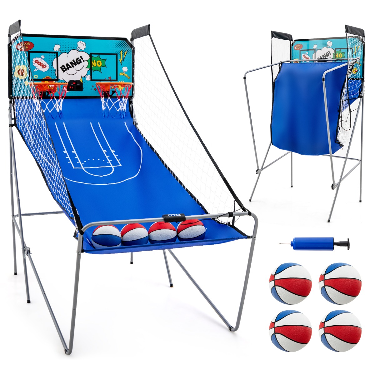 8-in-1 koripallokone, jossa 4 palloa, ilmapumppu ja 8 pelitilaa, arcade-koripallopelit, vihreä