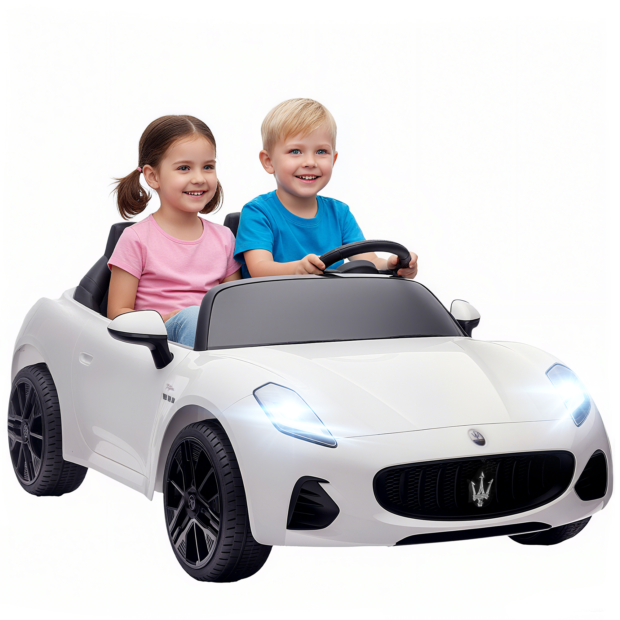 Maserati sähköauto lapsille, 2-paikkainen, 12 V:n paristokäyttöinen, kaukosäädin, LED-valot, musiikkitoiminto, valkoinen