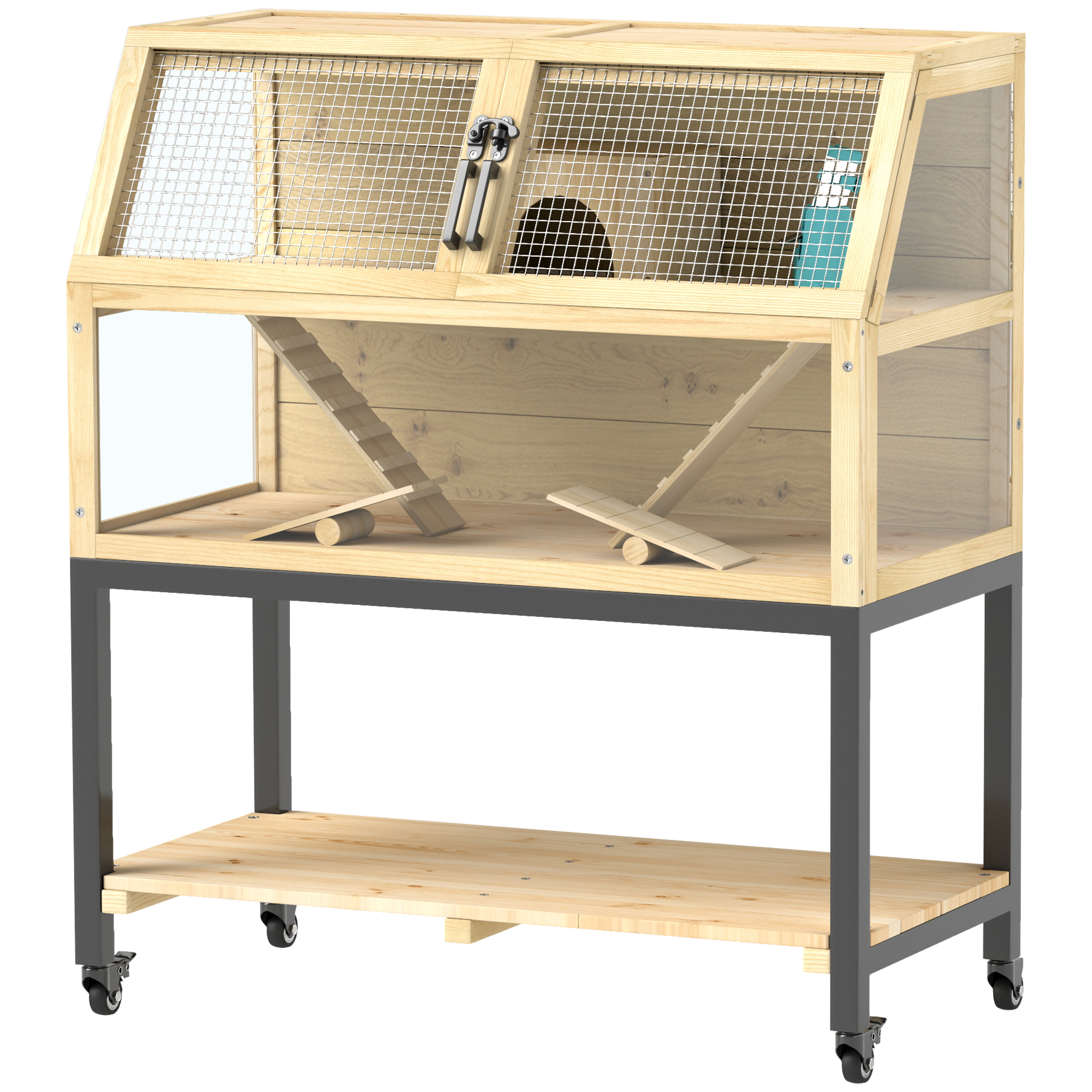 Puidust kääbushamstri puur panipaigaga rattad kaldteed veepudel maja kiiged 87 x 43 x 101 cm