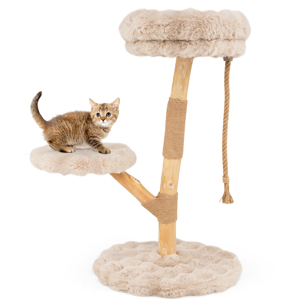 Massiivipuinen kissapuu, sarja 3 pehmotasoa, leikkiköysi ja vahvat sisal-raapimistolpat, korkeus 90 cm, beige