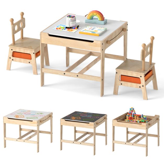 Lasten pöytä ja tuolit 4 yhdessä puinen aktiviteettipöytäsetti (karhun muotoinen) - luonnonvärinen