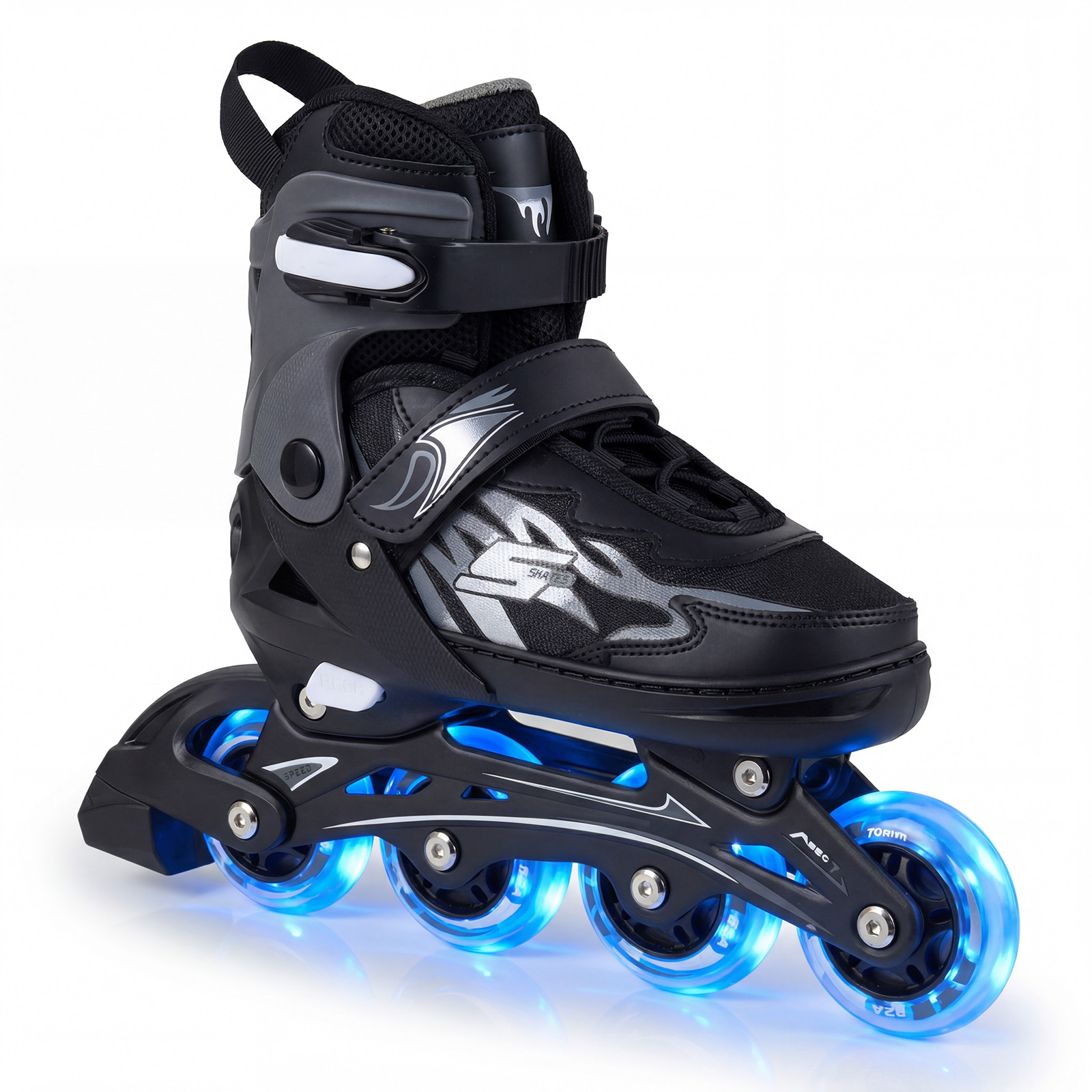 Lasten rullaluistimet (Inline Skates) säädettävissä neljään kokoon valoisilla LED-renkailla, koko L (EU 38-41), harmaa