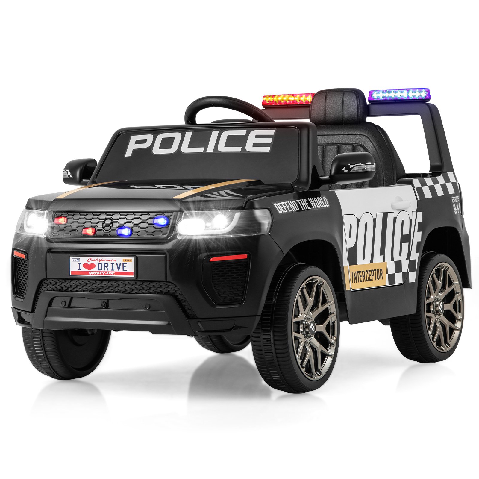 Lasten poliisiauto 12 V:n poliisiauto kaukosäätimellä, langattomalla yhteydellä, musiikkiäänellä, sireenillä ja LED-vilkkuvaloilla, musta