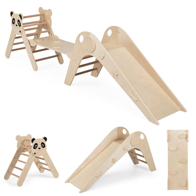 Kolmiosetti, kokoontaitettavat lasten kiipeilylelut, panda-teemalla, puinen Montessori-kiipeilysetti - luonnollinen