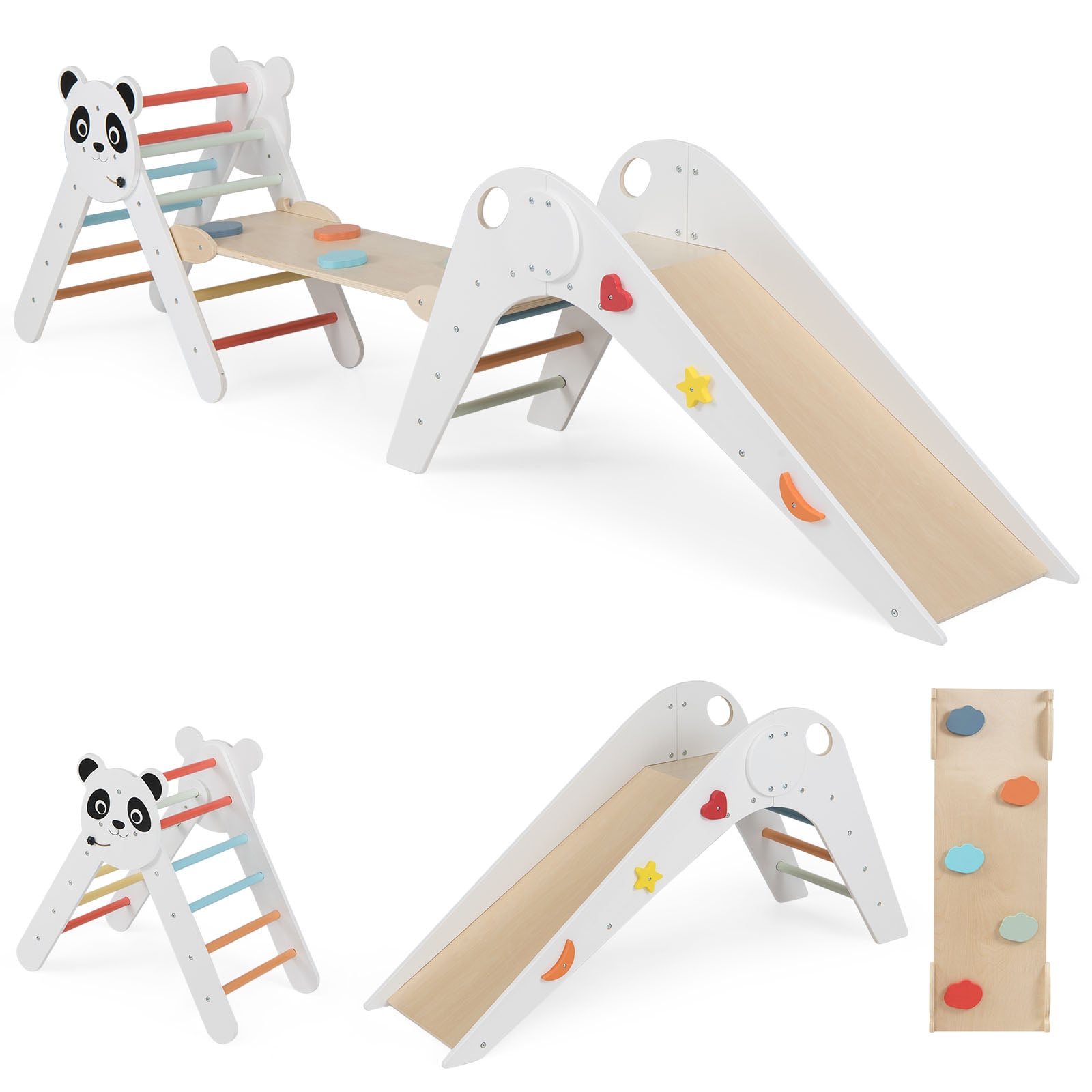Kolmiosetti, kokoontaitettavat lasten kiipeilylelut, panda-teemalla, puinen Montessori-kiipeilysetti - monivärinen