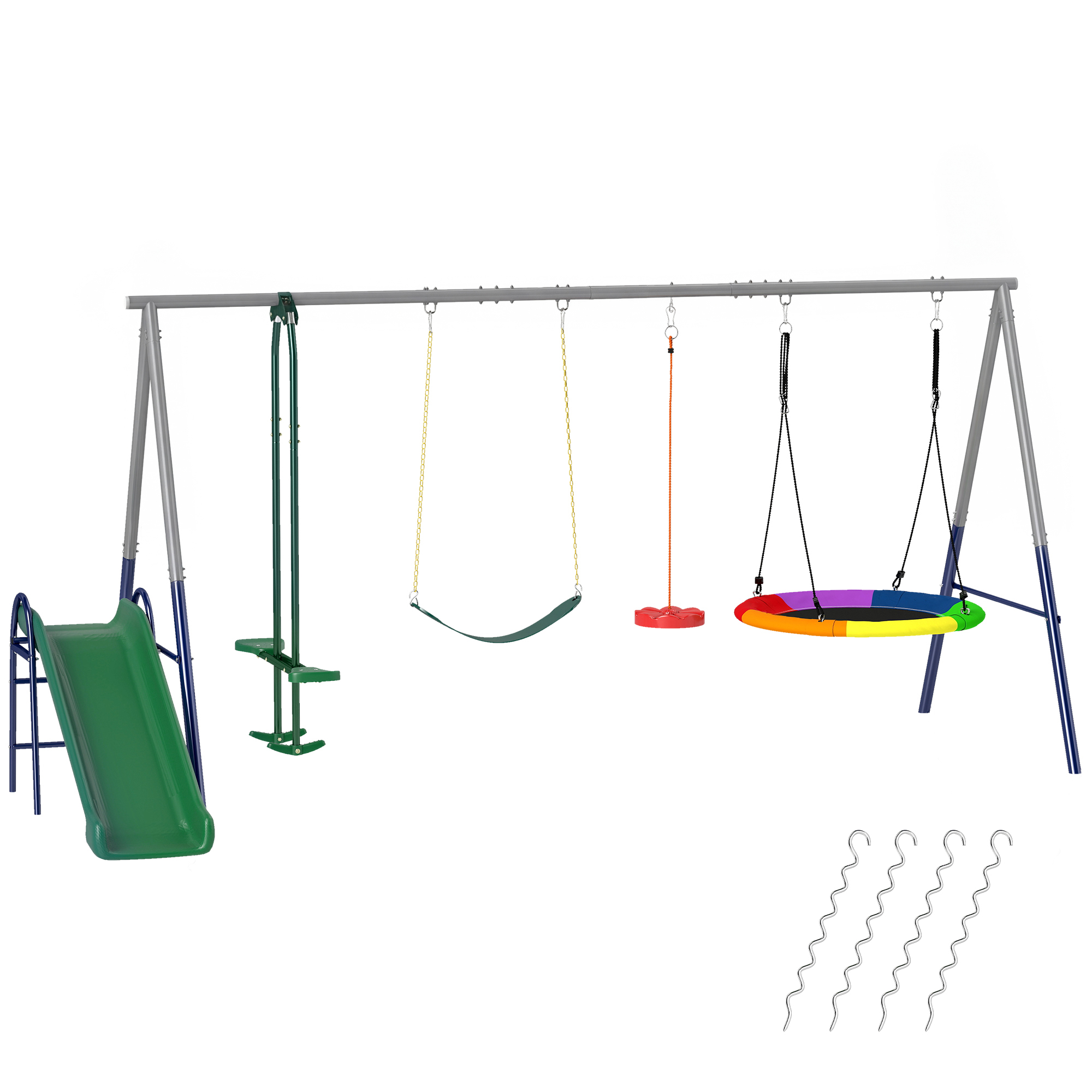 5-ühes kiigekomplekt liumäega reguleeritava kõrgusega pesakiigega 382 x 196 x 203 cm mitmevärviline