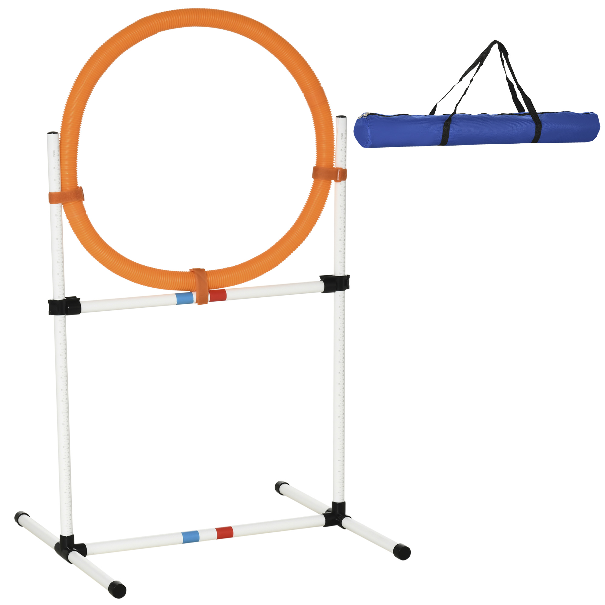 Agility-hyppyrengas koirille, agility-setti koirille, 2-yhdessä-agilityrengas hyppyrengastangolla ja kantolaukulla, muovia, 74,5 x 66 x 91 cm, valkoinen ja oranssi