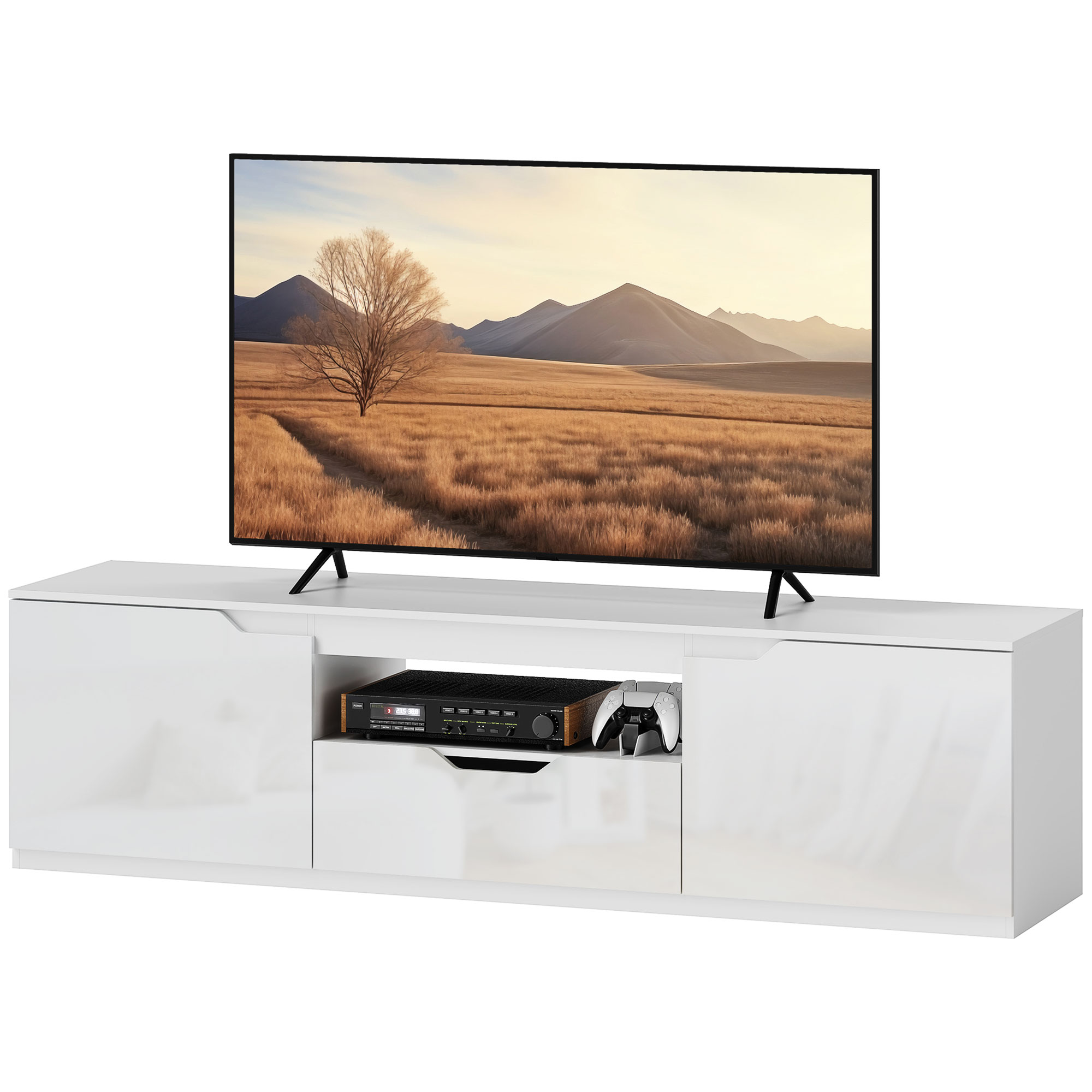 TV-taso, korkeakiiltoinen, televisioille jopa 165 cm, 3 lokeroa, laatikko, 160 x 38 x 43 cm, valkoinen