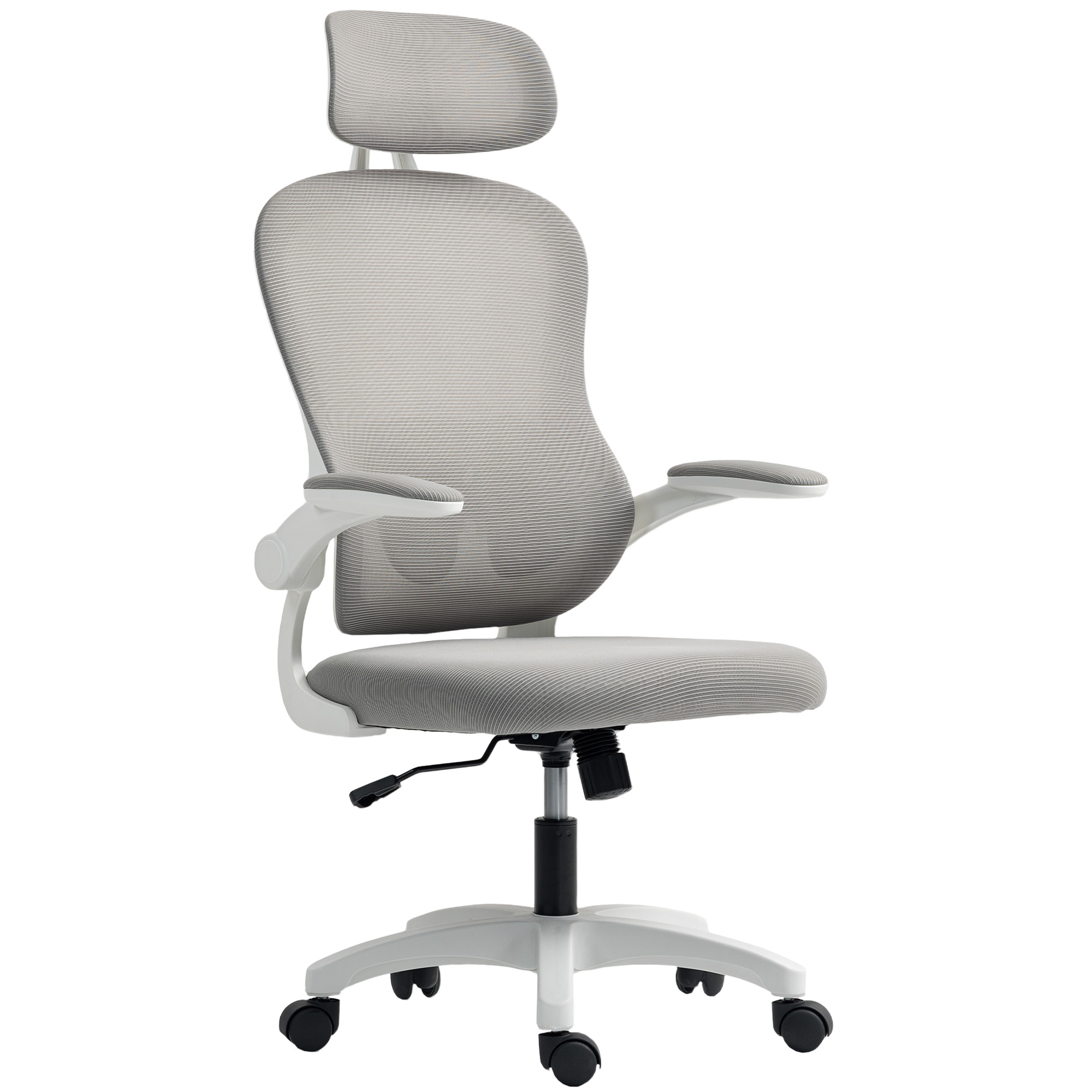 Ergonominen työtuoli verkkoselkänojalla, korkeussäädettävä, taittuvat käsinojat, 5 pyörää, keinutoiminto, harmaa