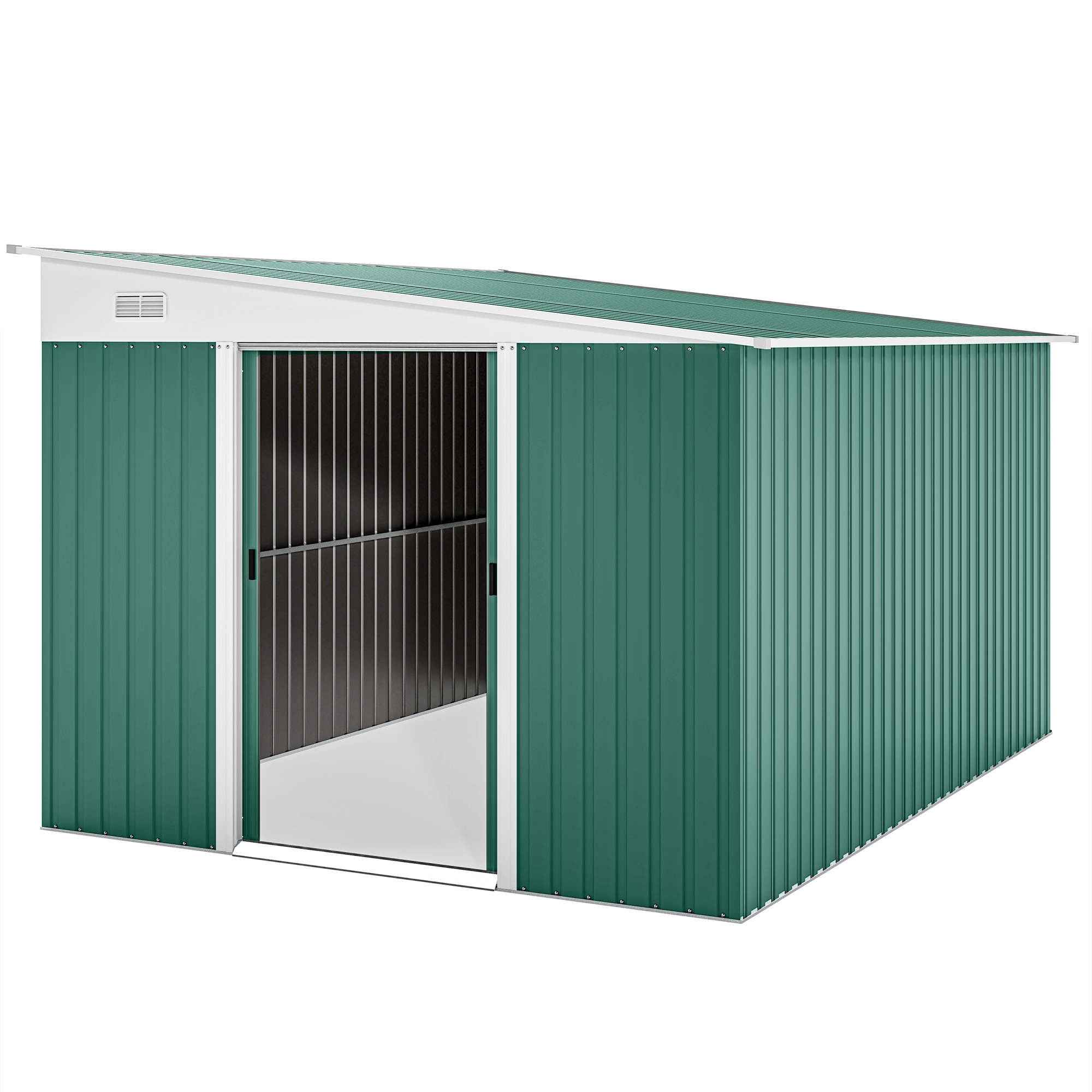 Metallinen puutarhavaja viistokatolla ja lukittavilla pariovilla, 2,8 x 3,45 x 2,01 m, vihreä