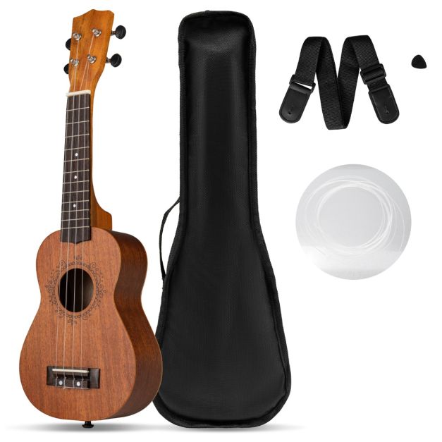 Kvaliteetsest mahagonipuidust 21-tolline ukulele komplekt koos kandekoti, medikaatori (plektrumi) ja reguleeritava rihmaga, naturaalne