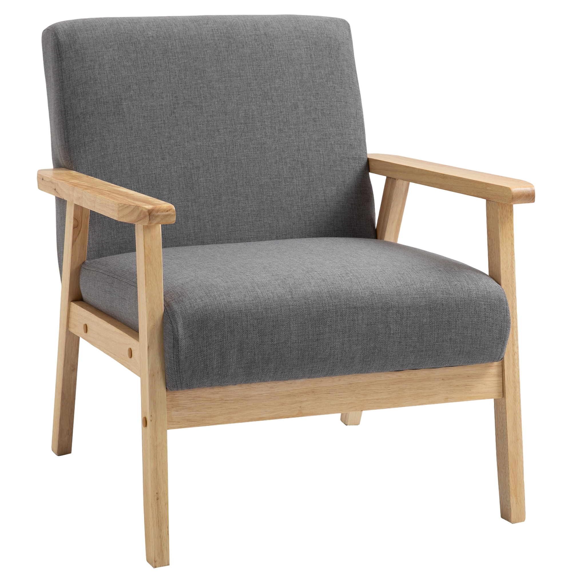 Skandinaavityylinen nojatuoli, tehostetuoli, massiivipuuta, pellavajäljitelmä, 64 cm x 70 cm x 72 cm, harmaa + luonnonvärinen