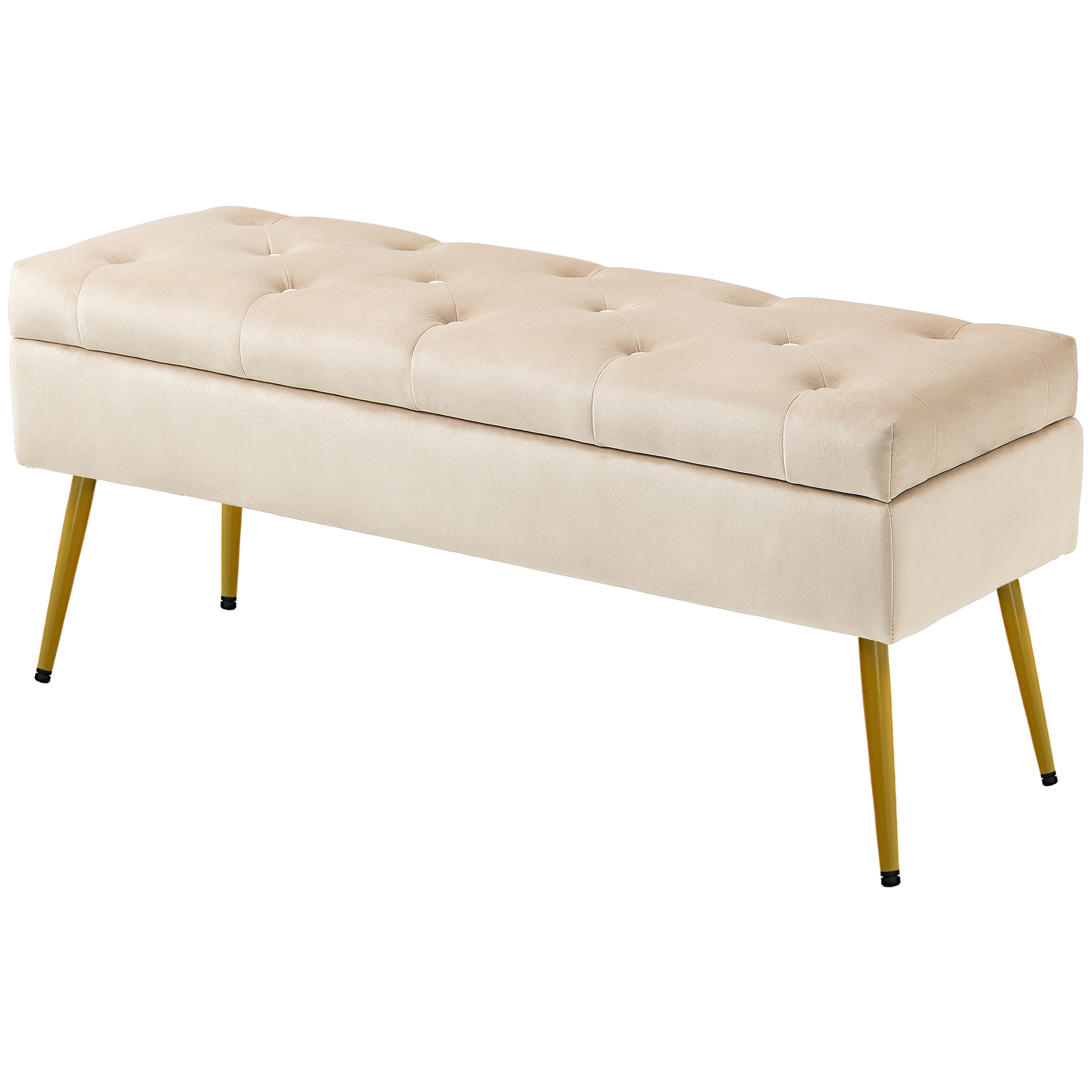 Säilytyspenkki samettijäljitelmää, verhoiltu jalkarahi tuftatulla kuvioinnilla, metallirunko, 102 x 35 x 43 cm, beige