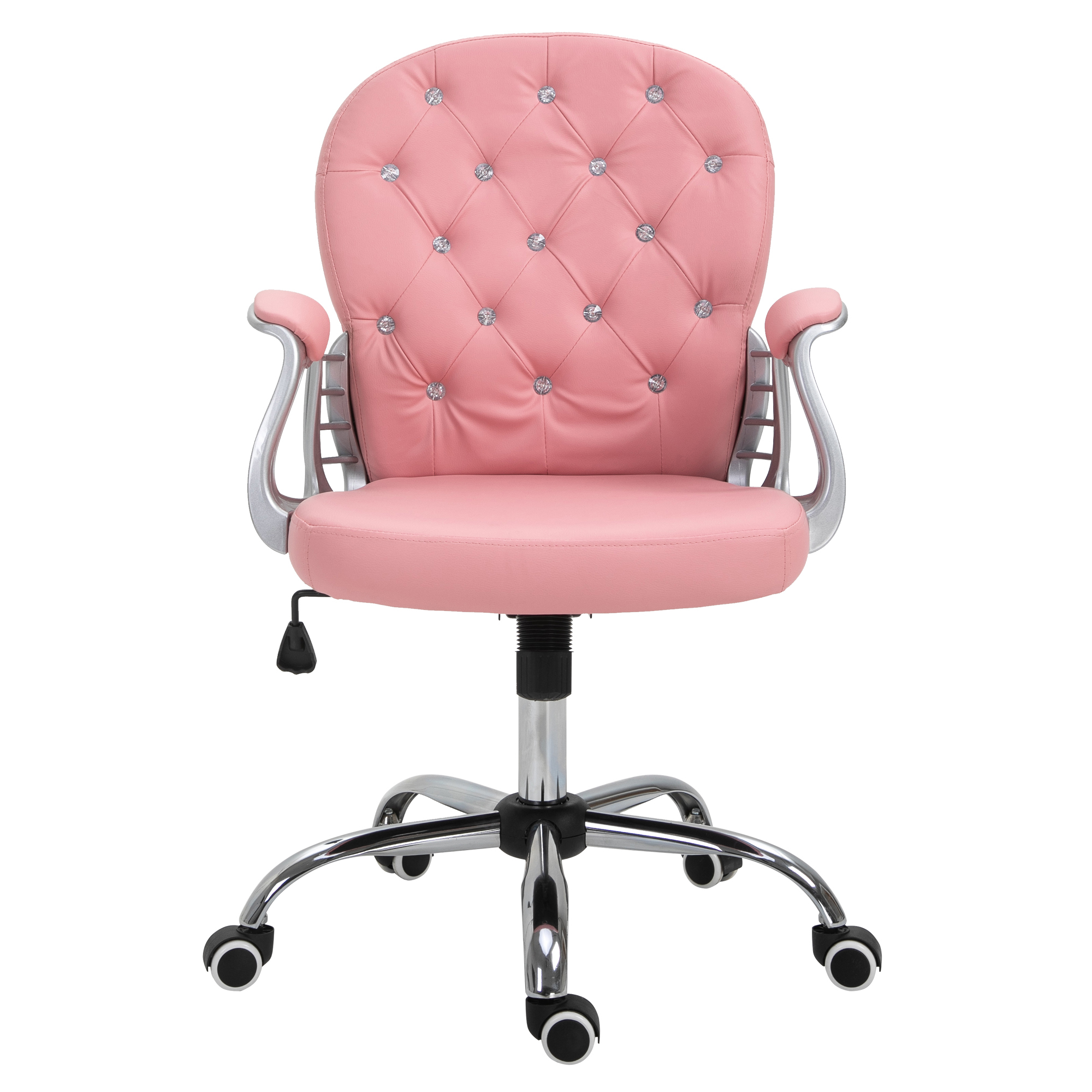 Toimistotuoli, ergonominen työtuoli käsinojilla, pehmustettu selkänoja, korkeussäädettävä tietokonetuoli keinonahkajäljitelmällä, pyörivä tuoli kotitoimistoon, vaaleanpunainen