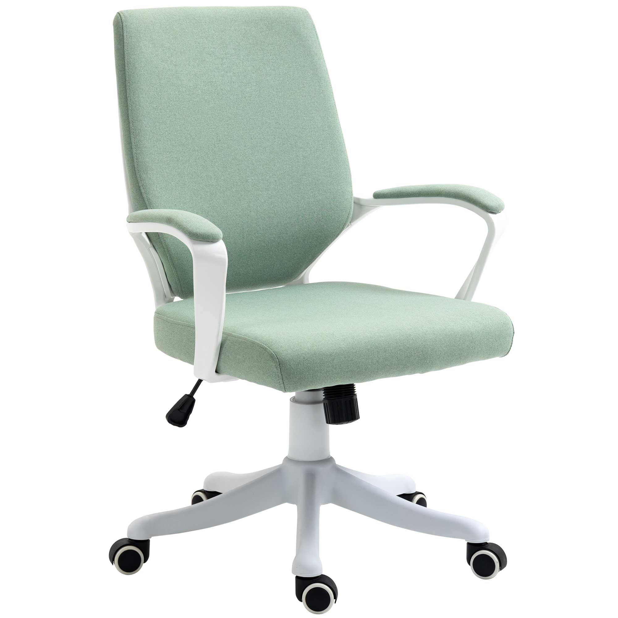 Toimistotuoli, työpöytätuoli, kotitoimistotuoli keinutoiminnolla, korkeussäädettävä selkänoja, paksusti pehmustettu, ergonominen, 360° kääntyvät pyörät, polyesteri, nailon, PP, vihreä+valkoinen, 62x69x92-100 cm