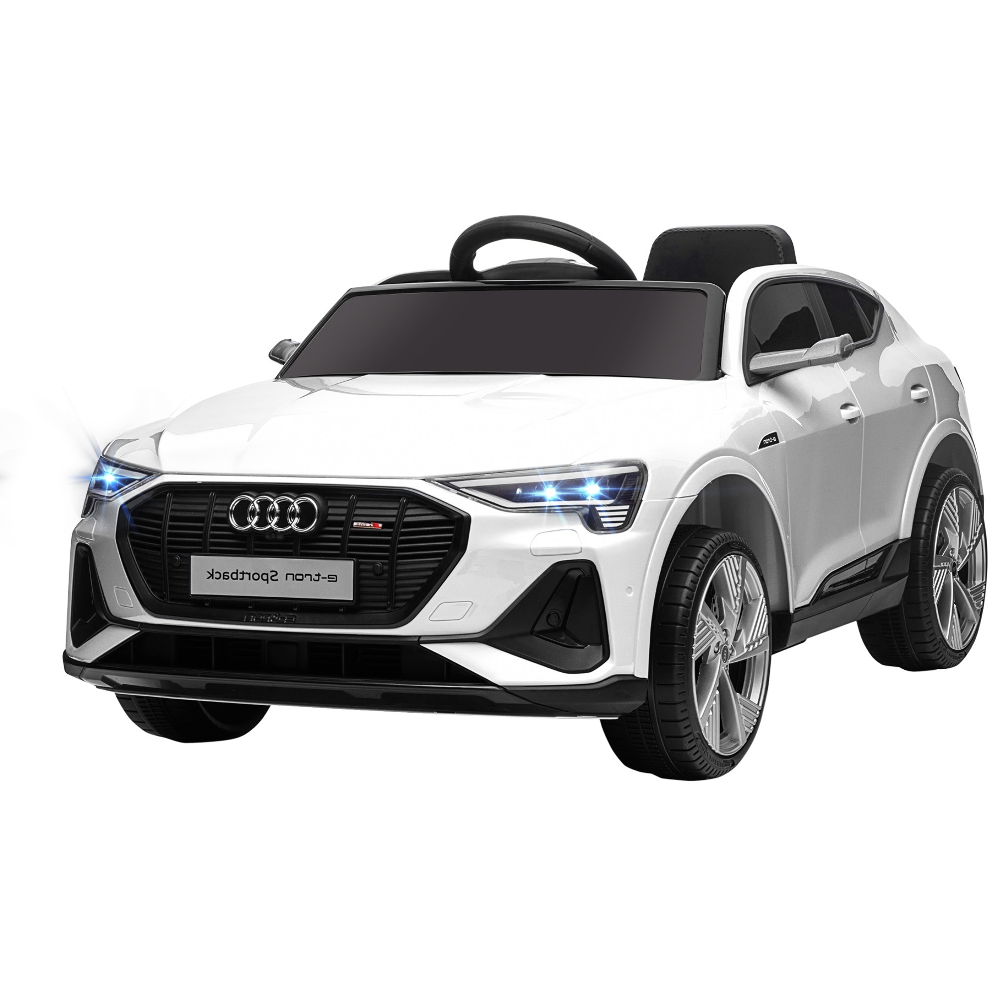 Sähköinen lastenauto 12 V:n sähköajoneuvo Audi E-tron -sähköauto kaukosäätimellä, turvavyöllä, musiikilla (MP3/USB/TF), lastenauto 3-5-vuotiaille lapsille, 3-5 km/h, valkoinen