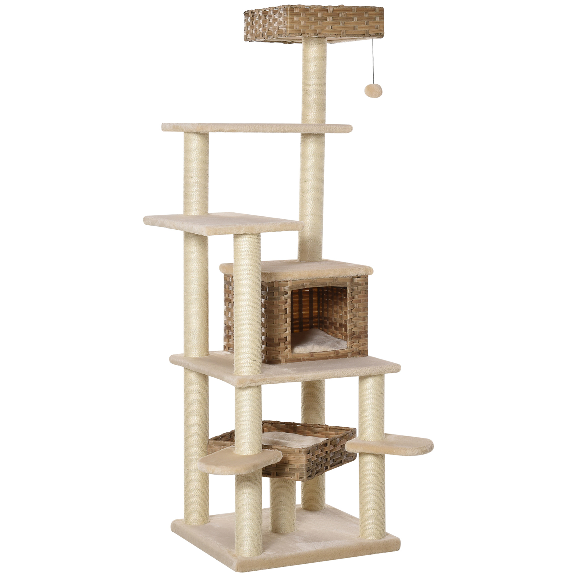 Rottinki-kissapuu kissaluolalla, monikerroksinen kissapuu, kiipeilypuu kissoille, E1 MDF sisal, beige+ruskea, 55 x 55 x 174 cm