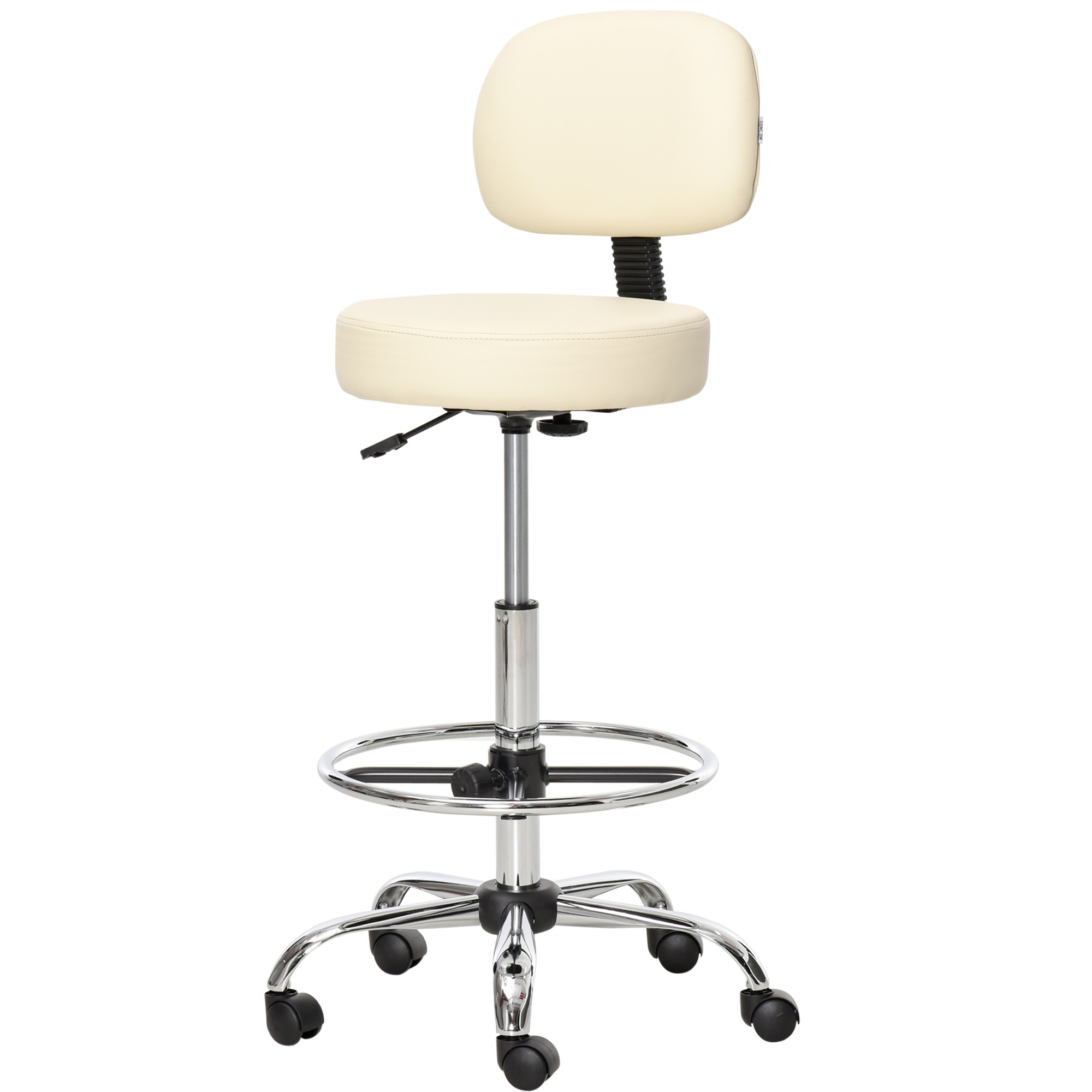 Baarijakkara, pyörivä tuoli, korkeussäädettävä baarijakkara pyörillä, tekonahkaa, työjakkara, toimistojakkara, 360° kääntyvä selkänojalla, verhoiltu, beige, 56 x 57 x 104-127 cm