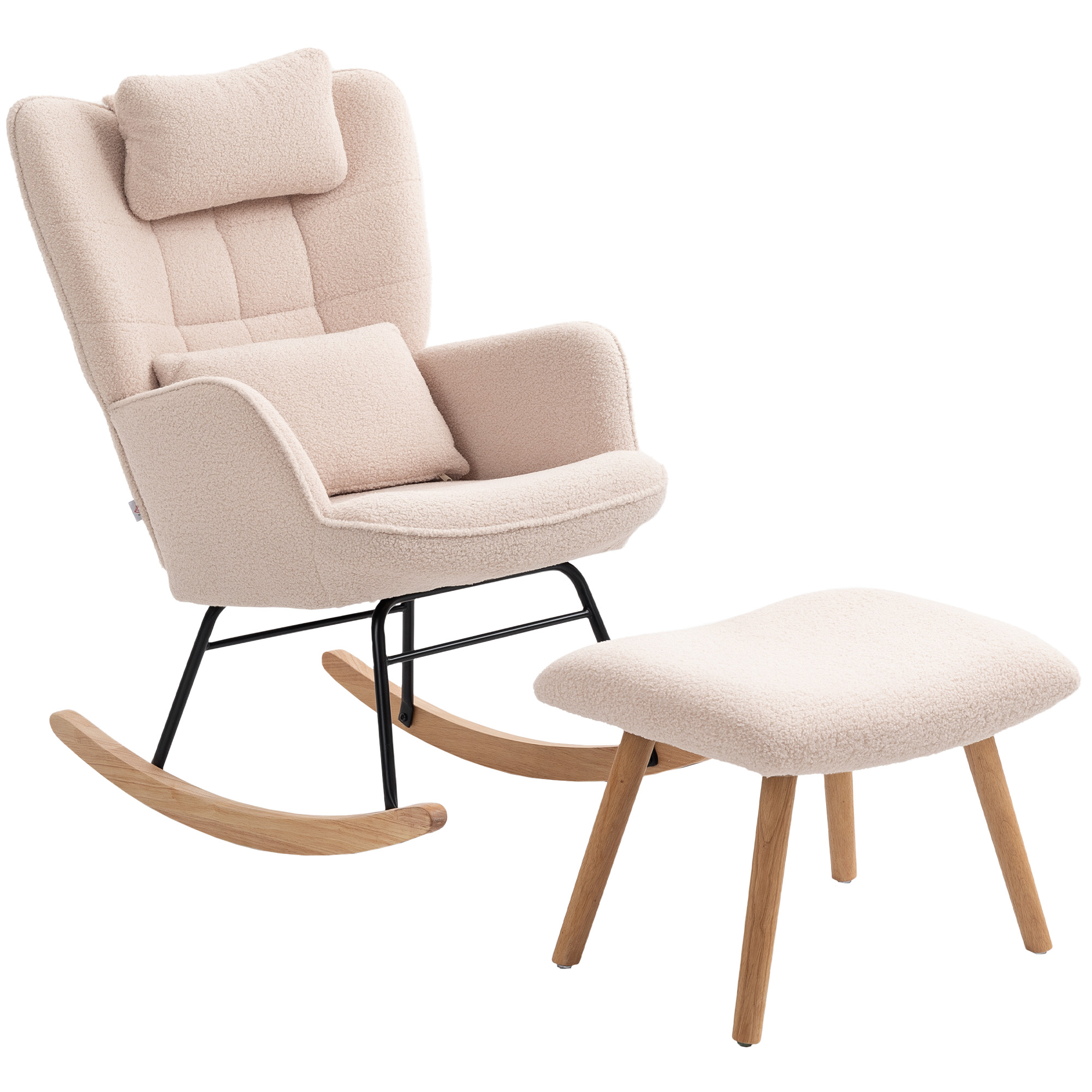 Keinutuoli jalkarahilla, pehmeä fleecepäällinen, puiset jalat, tyyny, korkea selkänoja, keinutuoli, beige