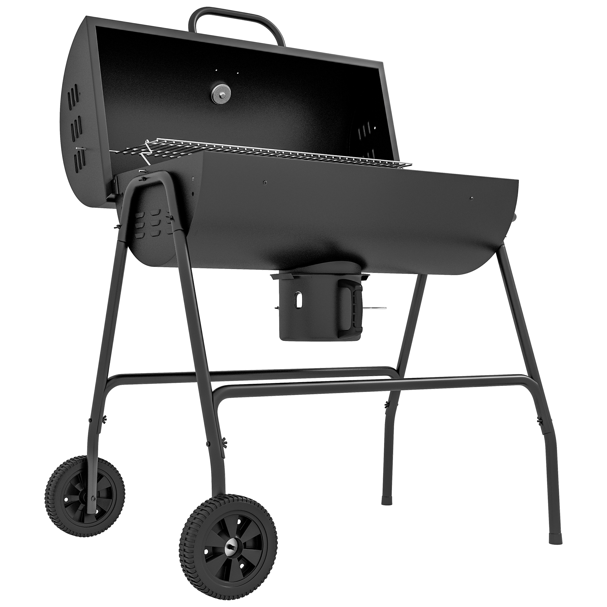 Metallinen hiiligrilli BBQ-savustin kannella, lämpömittarilla, pyörillä, grillikärryllä, 95x71,5x102 cm, musta