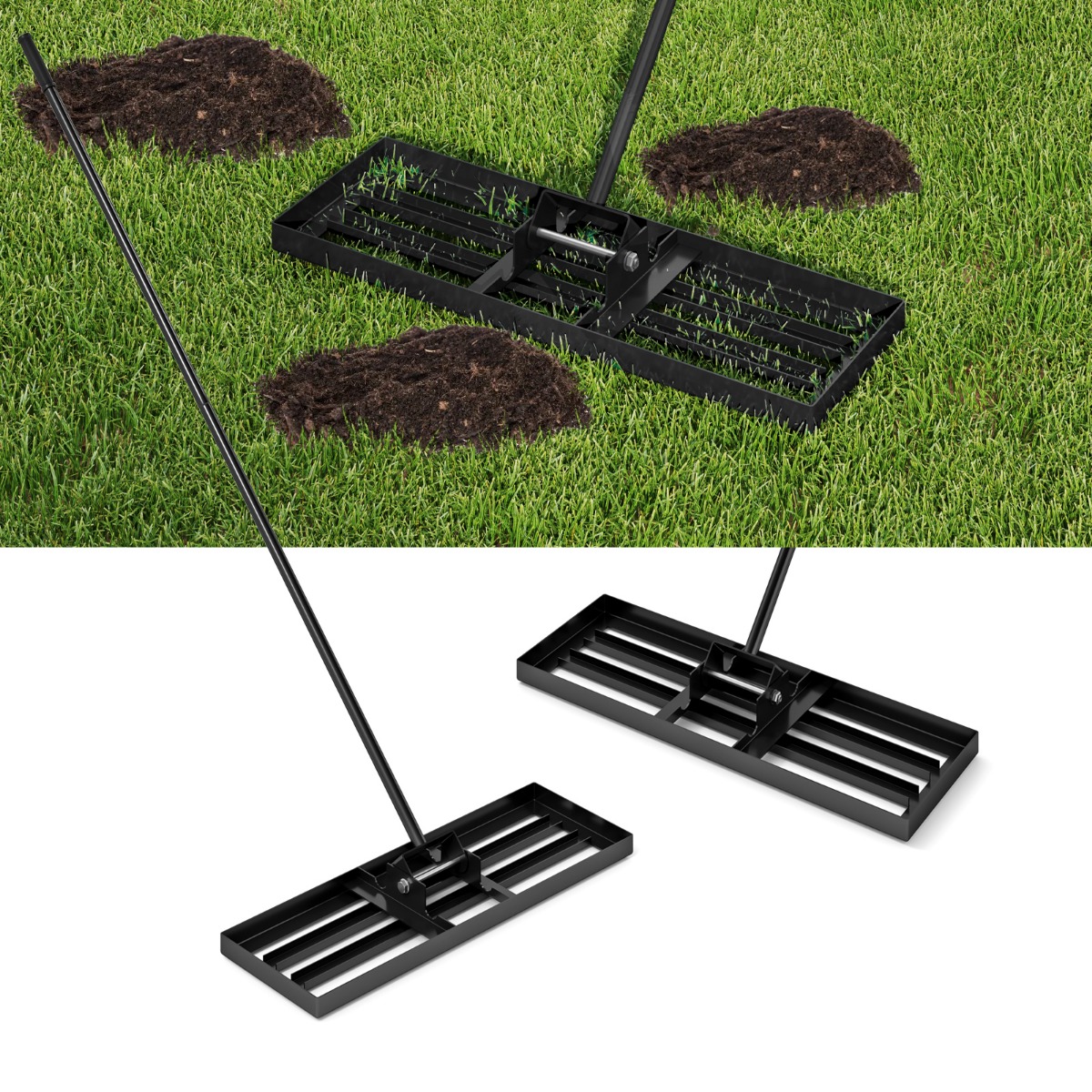 76,2 cm x 25,4 cm nurmikon tasoitusharava ergonomisella kahvalla - musta
