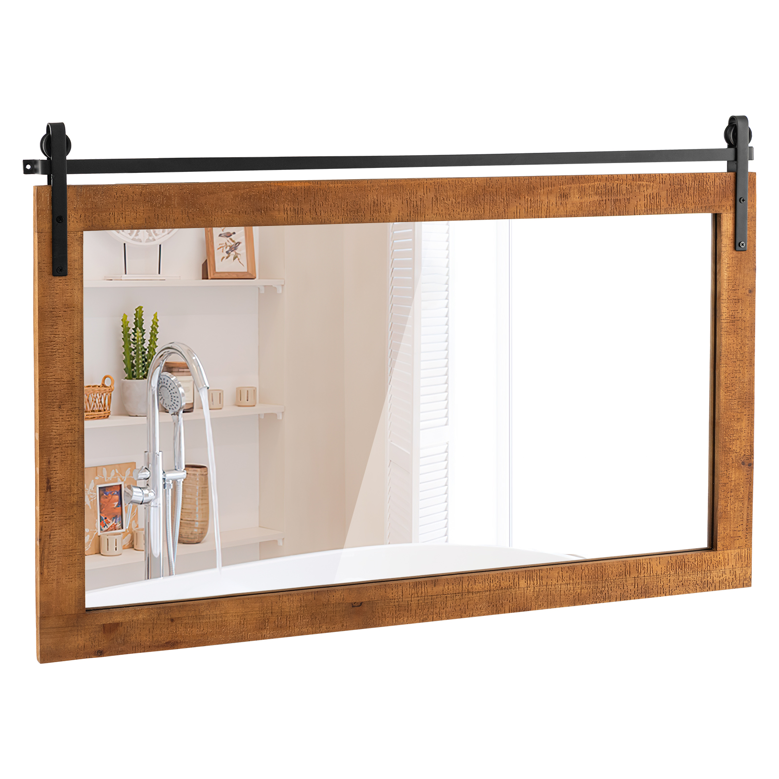 102 cm x 66 cm suorakaiteen muotoinen ladon ovityylinen seinälle kiinnitettävä peili massiivipuukehyksellä ja metallikiinnikkeellä - ruskea
