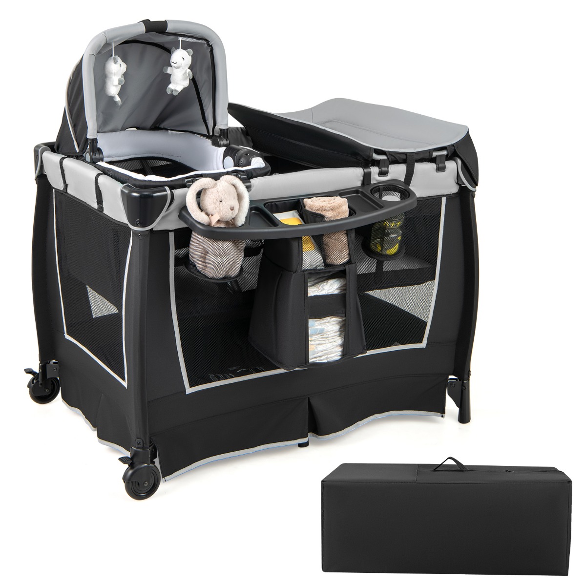 Kuus-ühes kokkupandav reisihäll ja kaasaskantav beebi mänguaedik, komplektis kiikfunktsioon ja mähkimislaud, hall