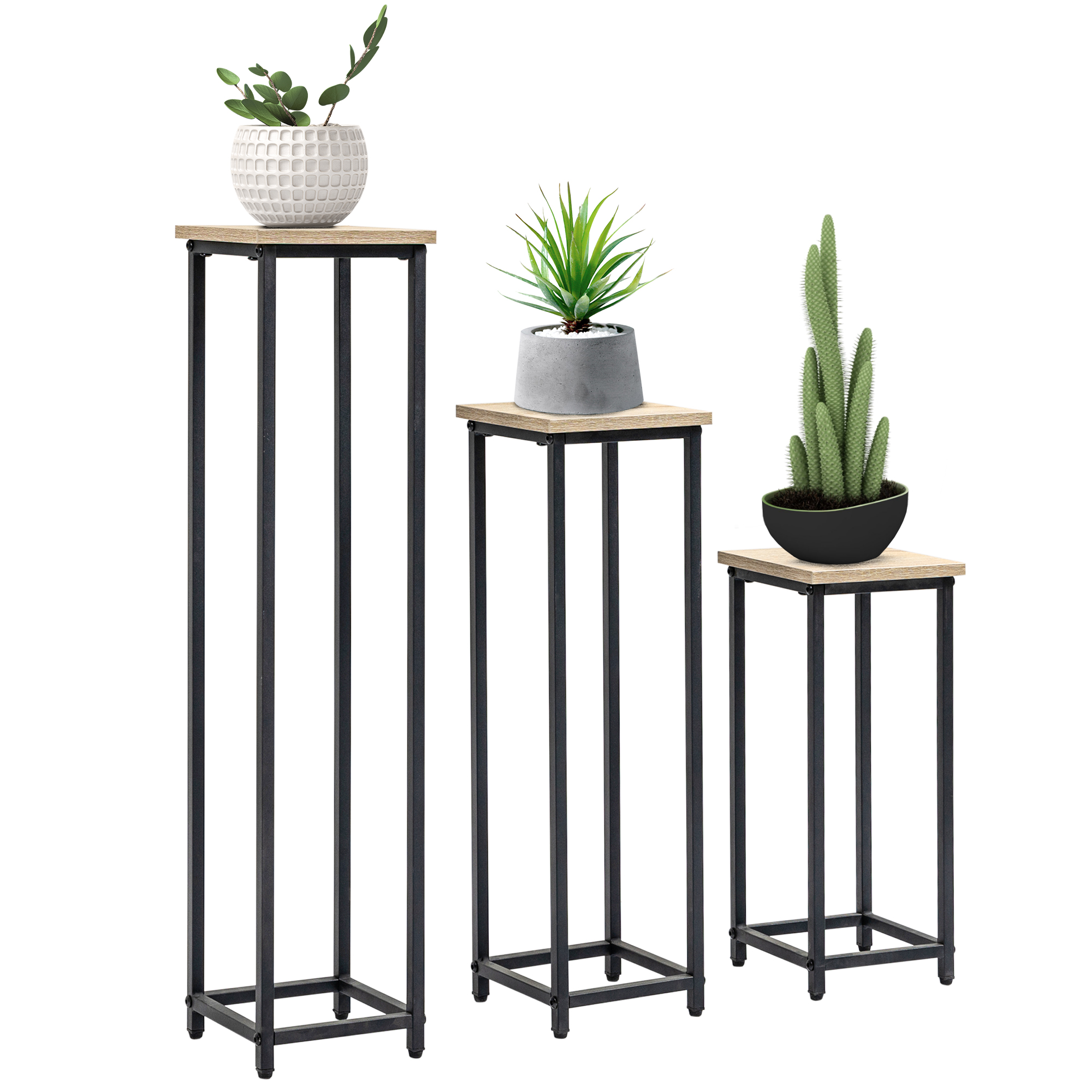 3-osainen pinottavien, tilaa säästävien kukkatelinesarja, 21 cm x 21 cm x 50/70/90 cm, teräs, ruskea + musta