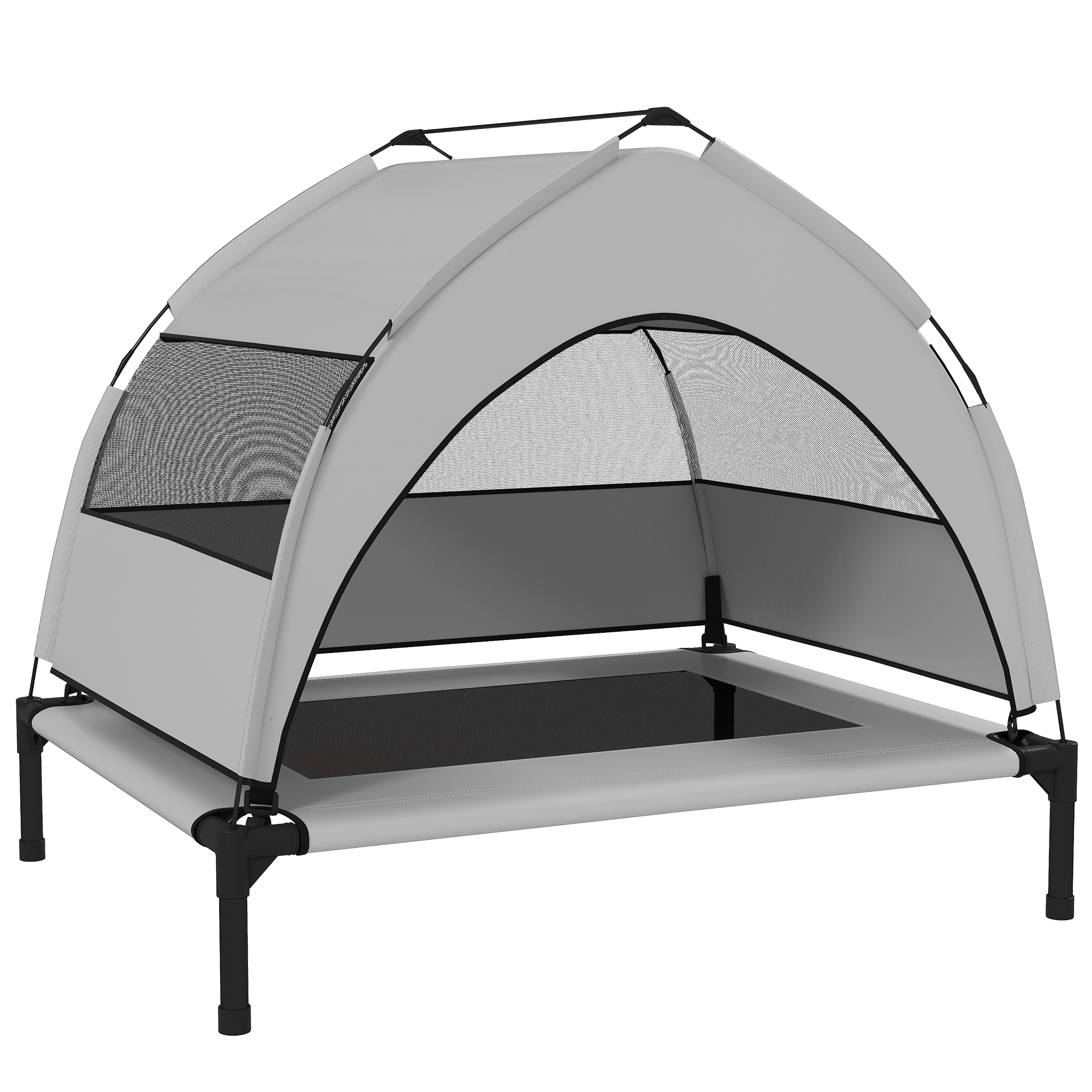 Ulkokäyttöön tarkoitettu koiranpeti katolla, korotettu koiranpeti keskikokoisille koirille, teräsrunko, 76x61x70cm, vaaleanharmaa