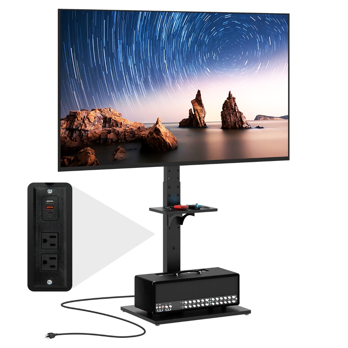 Reguleeritava kõrgusega (108–132 cm) telerialus 81,3–177,8 cm teleritele, integreeritud pistikupesade, USB ja Type-C liidestega stend, must