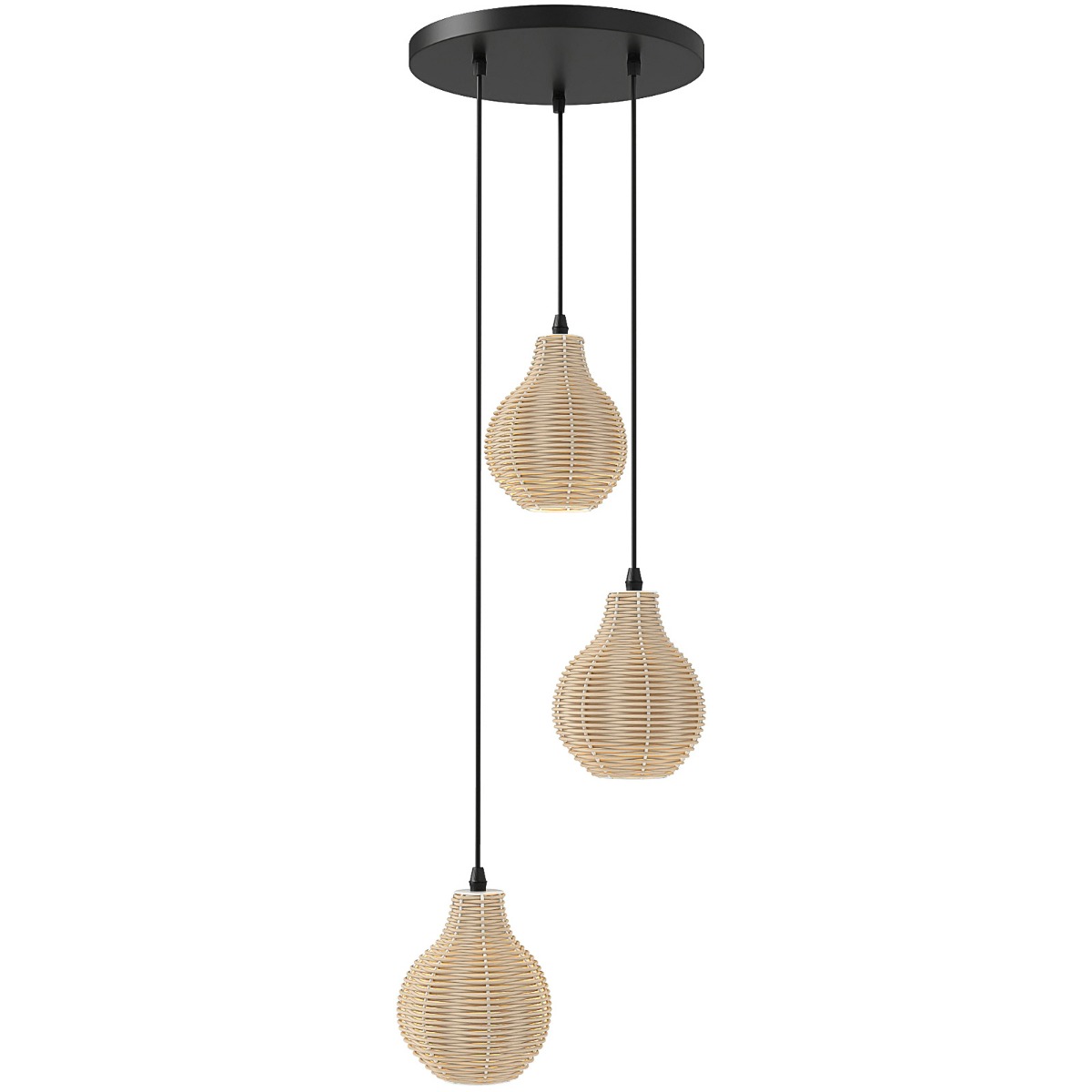 Boho 3-lamppuinen rottinkiriippuvalaisin, käsin kudottu luonnonvärinen rottinkikattokruunu säädettävällä korkeudella, beige riippuvalaisin