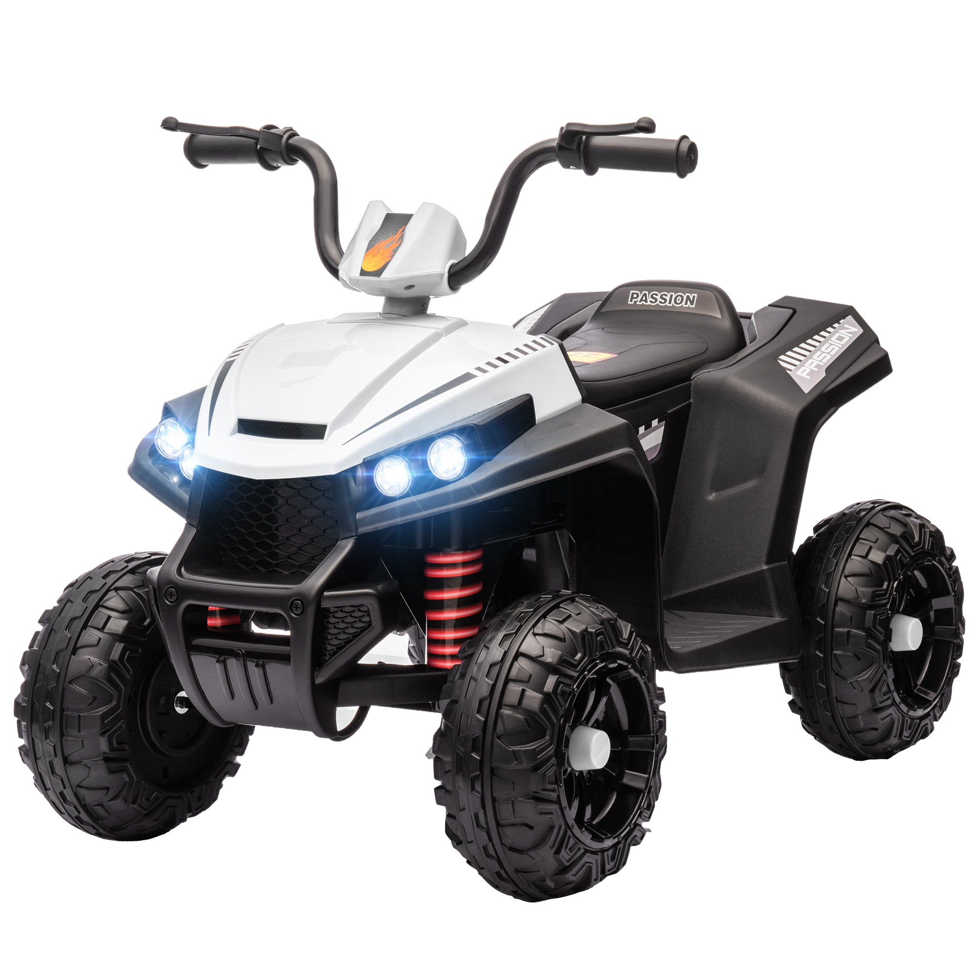 Elektriline laste ATV tuled ja muusika vedrustus 5 km/h 50 minutit sõiduaega 3-5 aastat valge