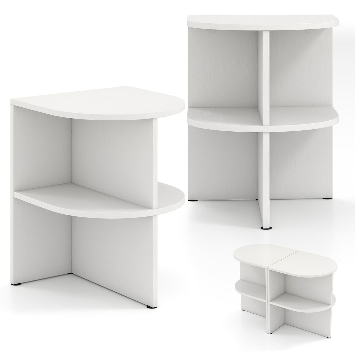 Poolringikujulised kahetasandilised abilauad ja avatud riiulitega kuukujulised öökapid (2 tk komplekt, 38 x 38 x 48,5 cm), valge
